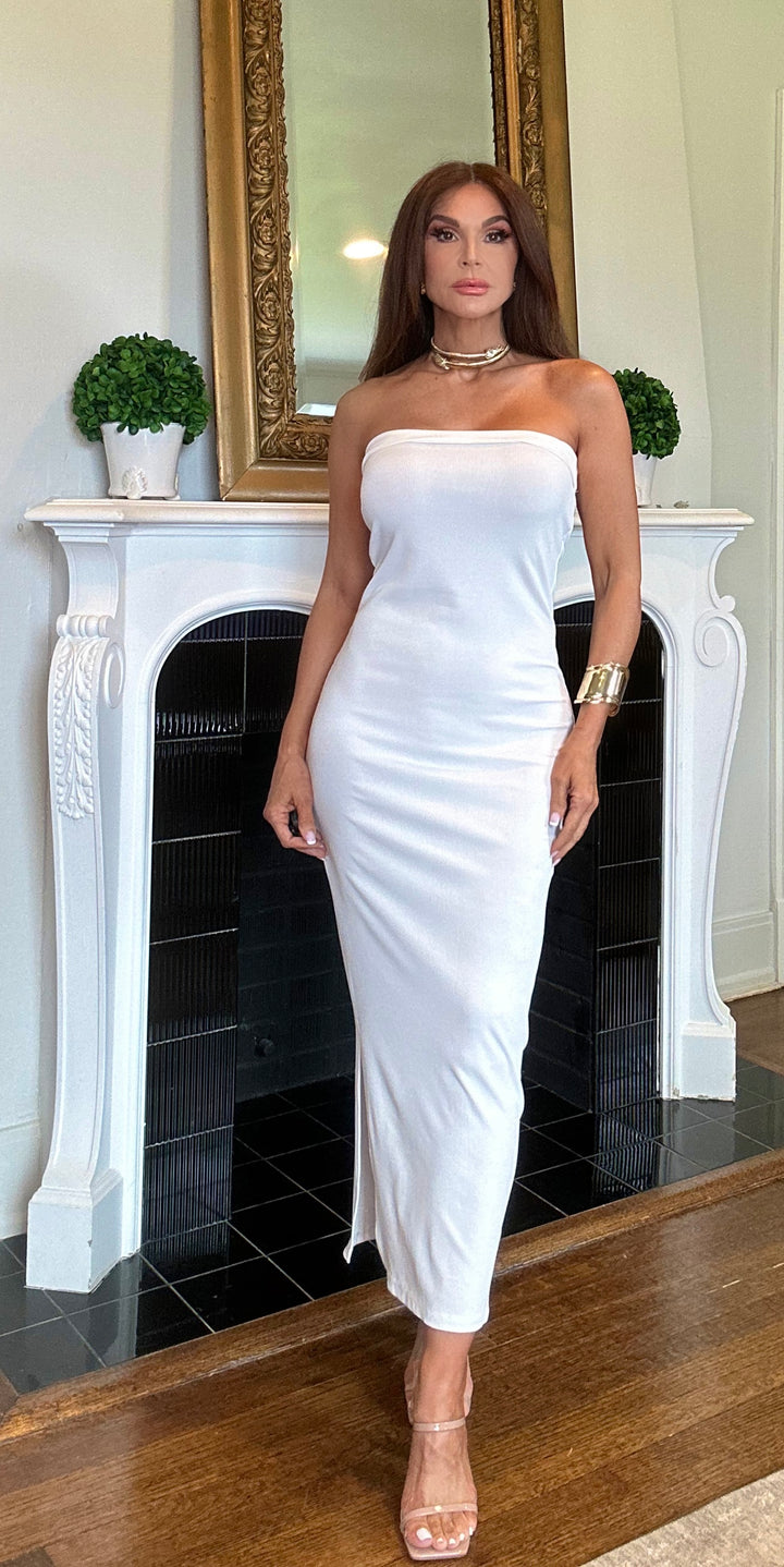 Sasha white textured tube maxi dress with slit