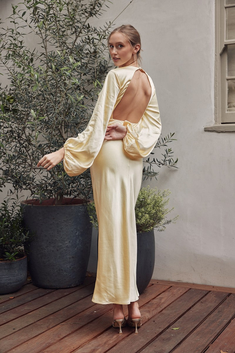 Utah Butter Yellow Satin Round Neck Lantern Sleeve Midi Dress