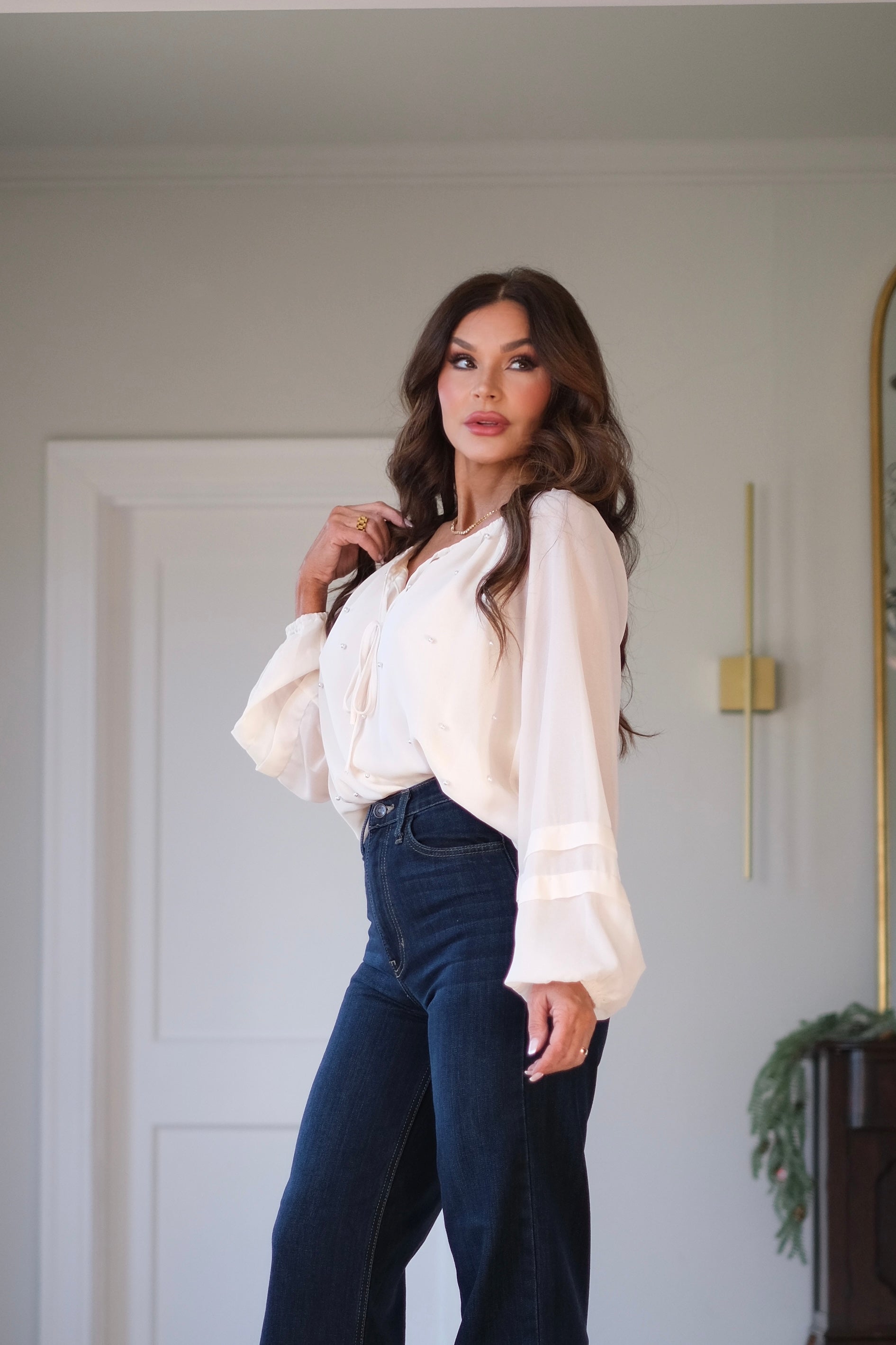 Paige Cream Puff Long Sleeve Blouse with Pearl Details