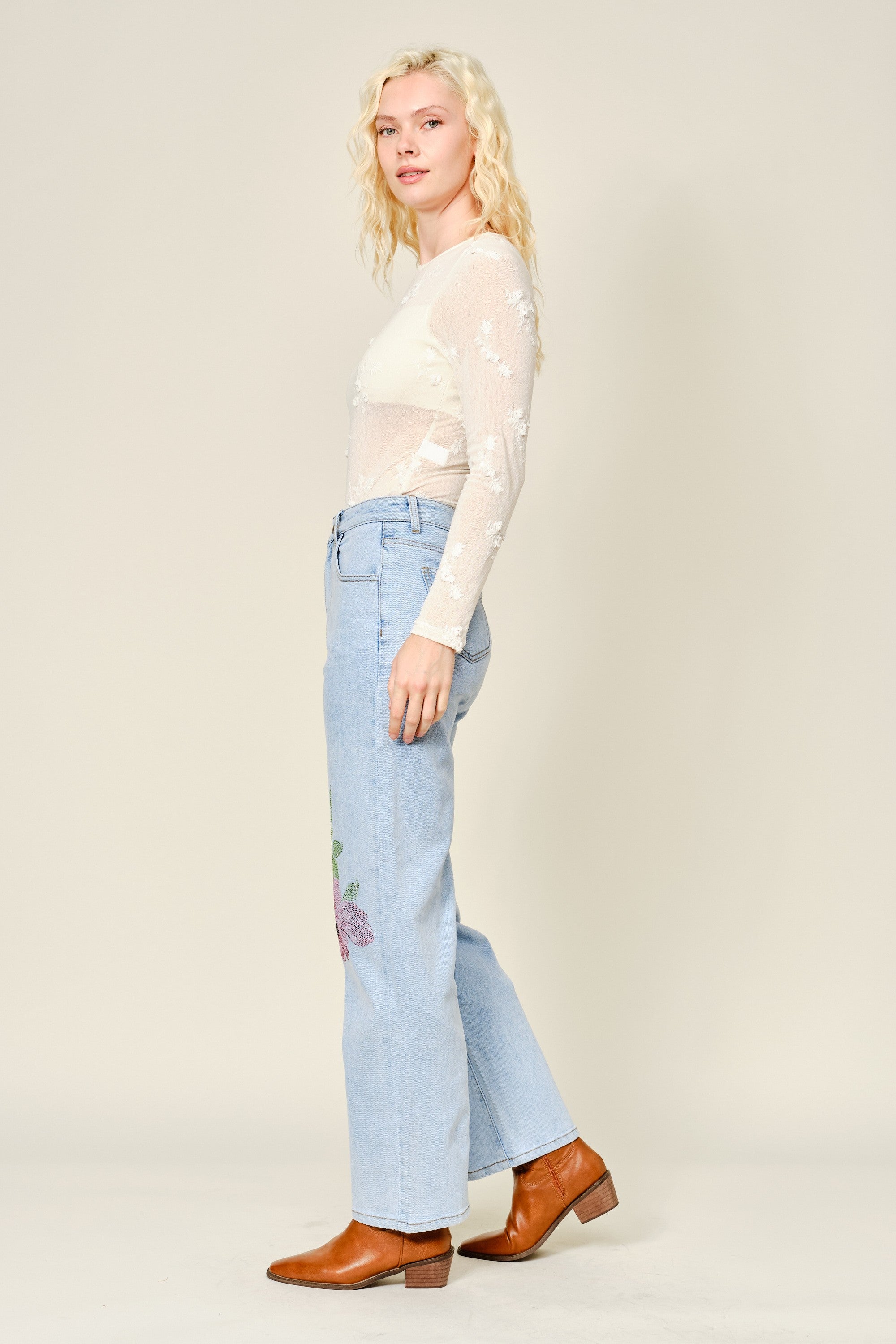 Rosie Light Wash Floral Rhinestone Straight Leg Jeans