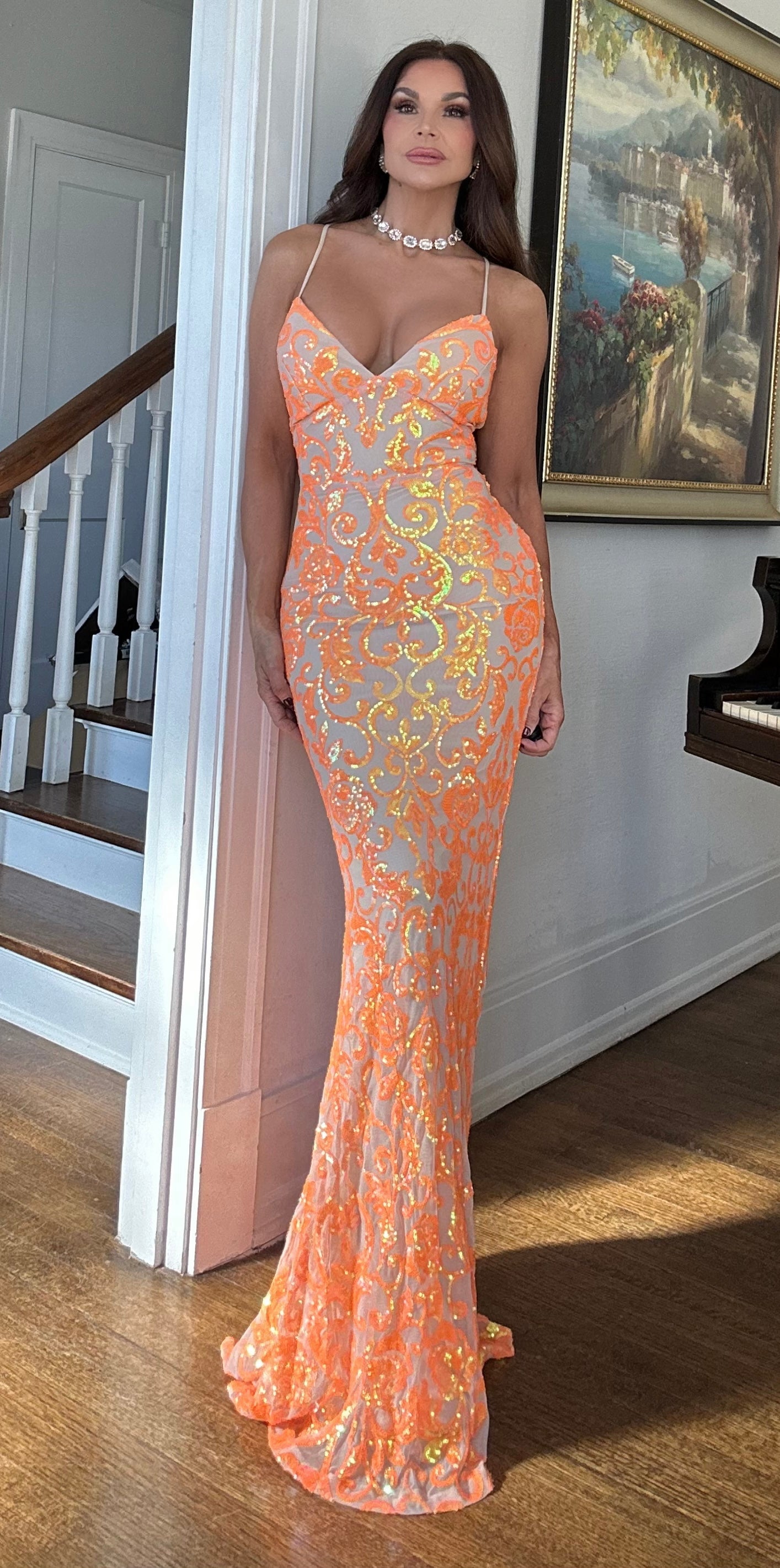 Bella orange and nude sequin maxi dress