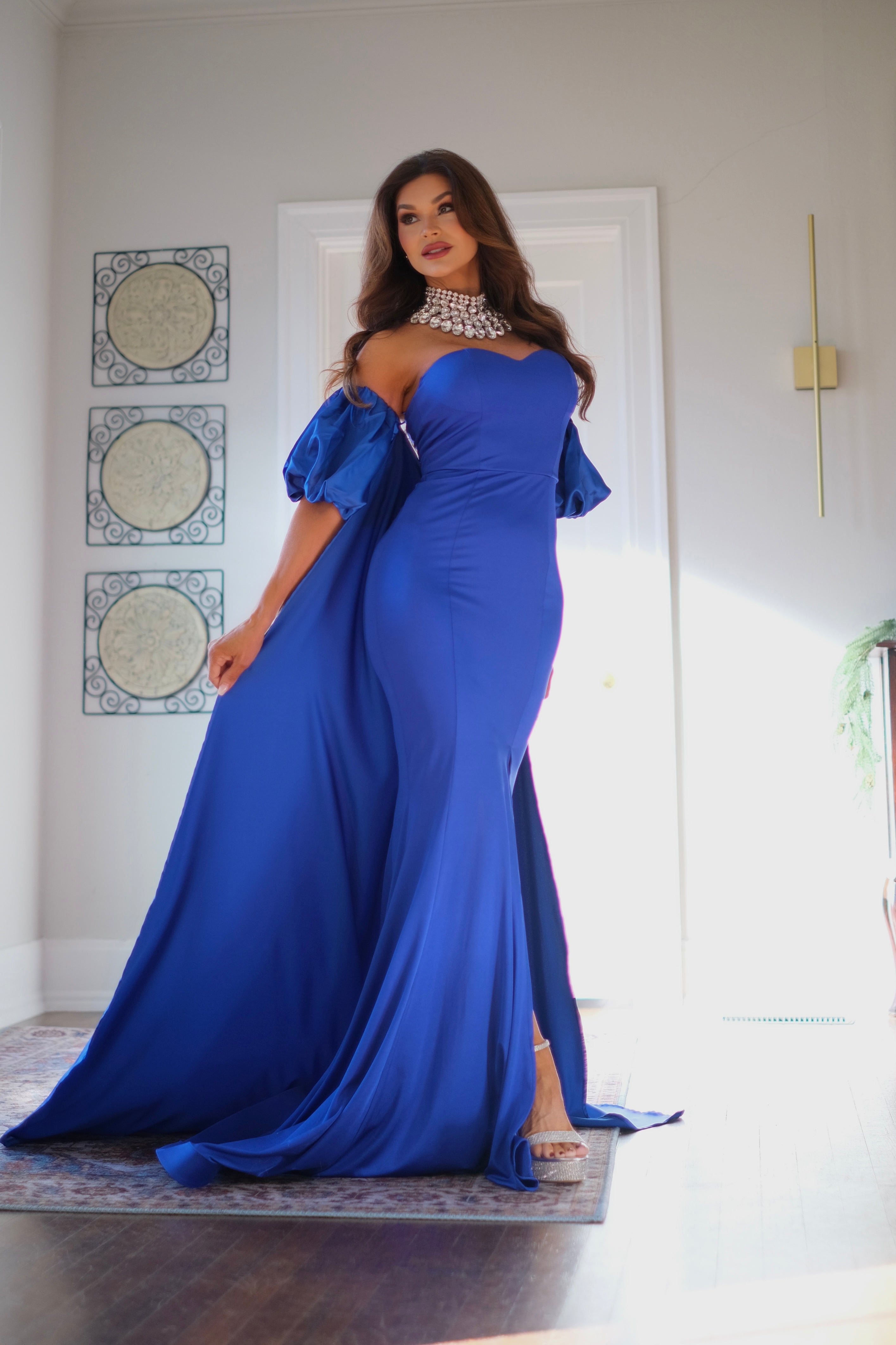 Luna royal blue strapless formal with slit and cape