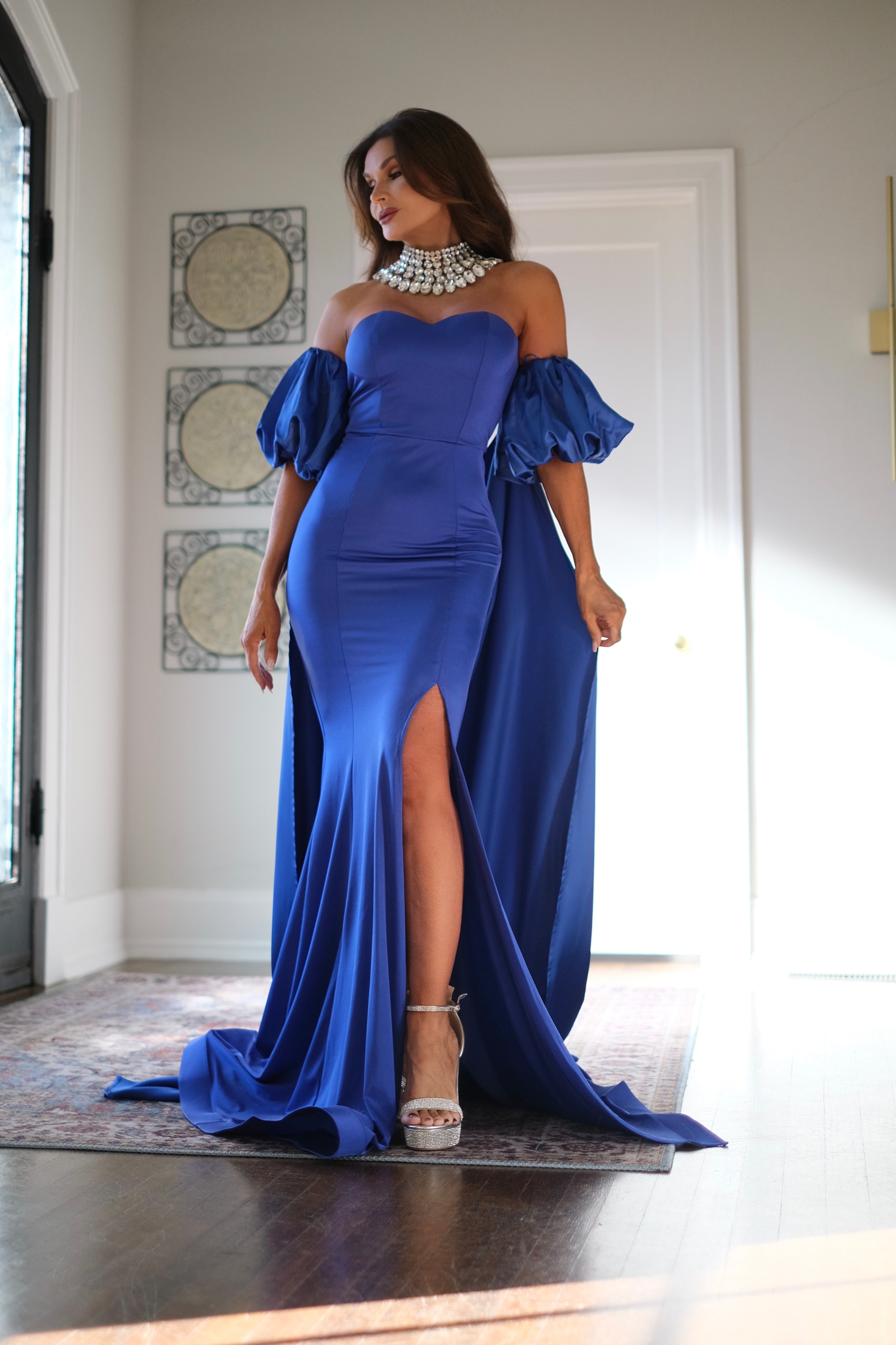 Luna royal blue strapless formal with slit and cape