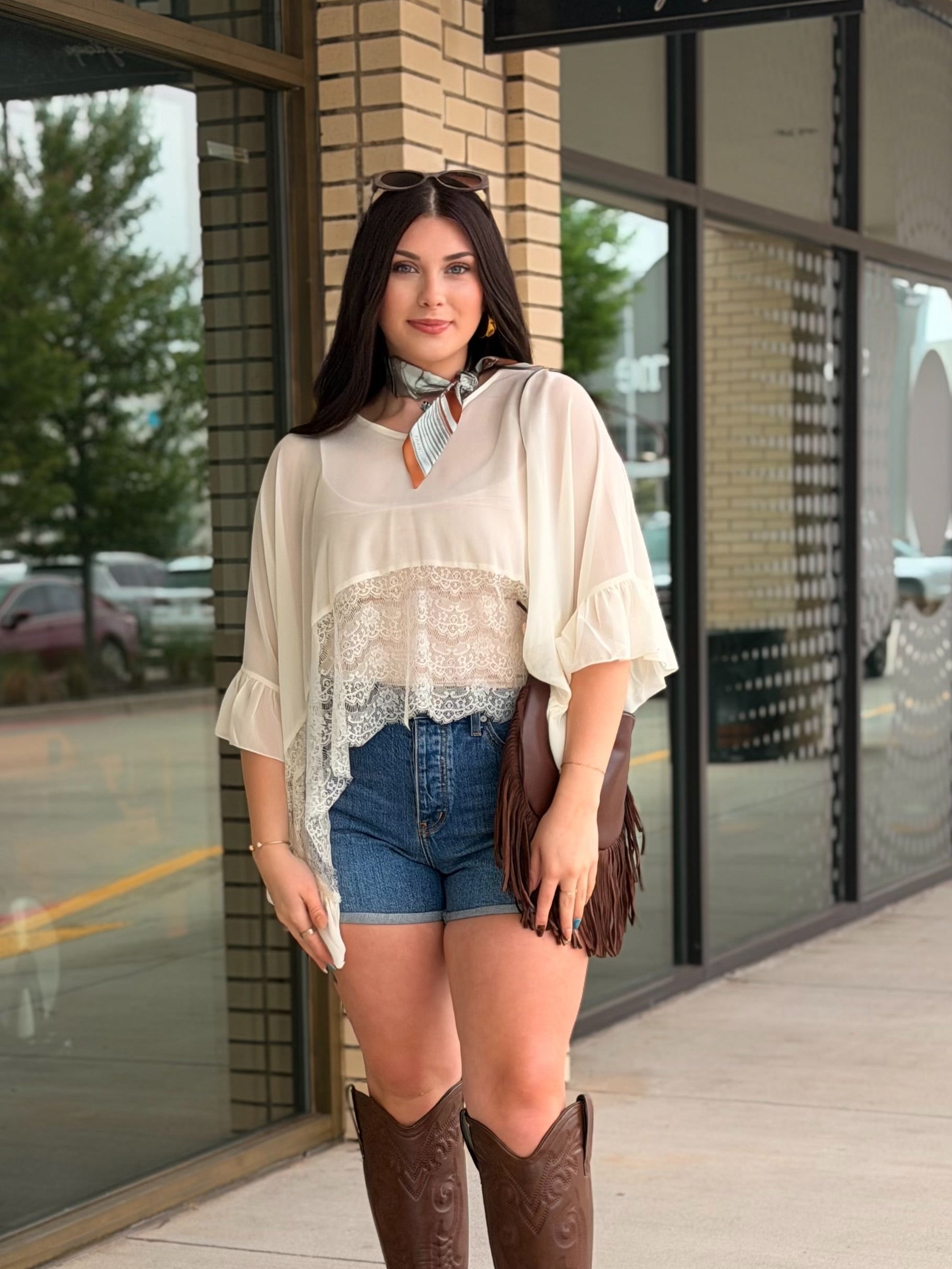 Maddy Ivory Ruffled Sheer Chiffon & Lace Poncho