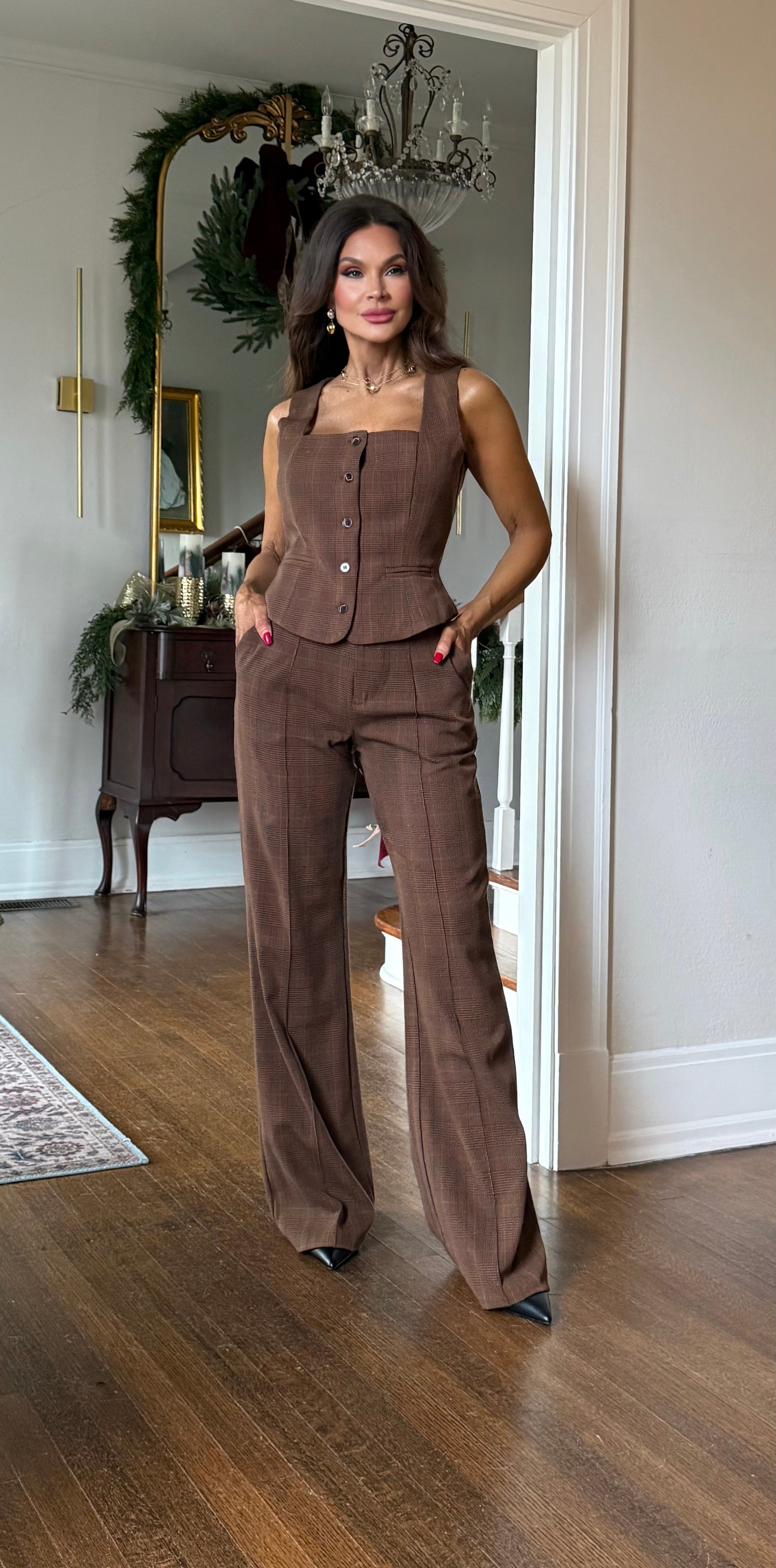 Venna brown plaid straight leg trouser
