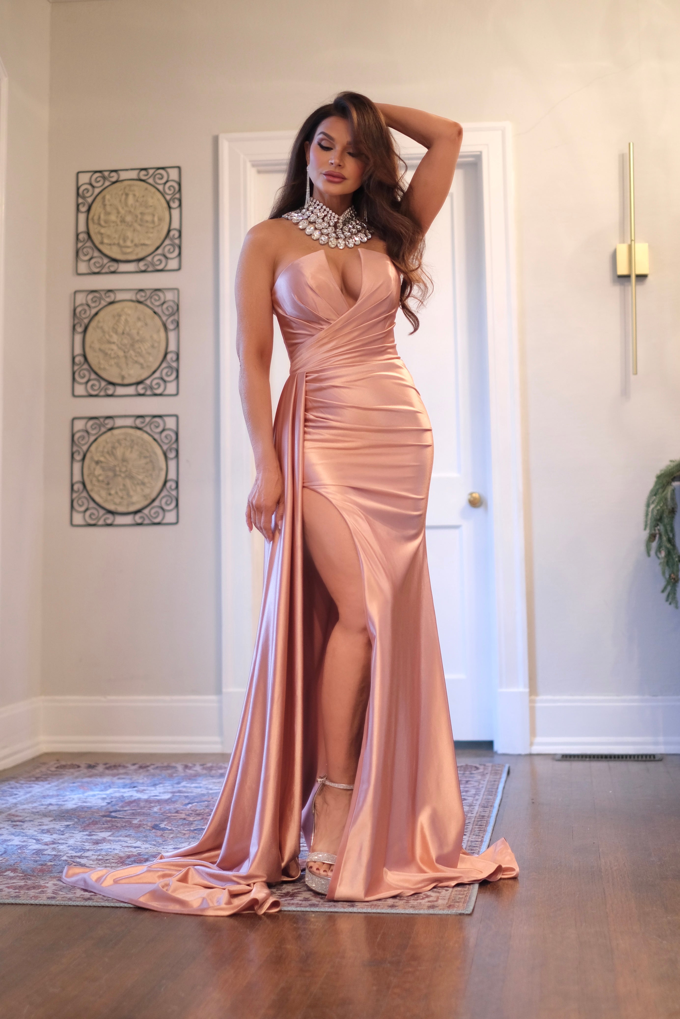 Sasha Copper Strapless Satin Formal With Ruched And Sash Detail