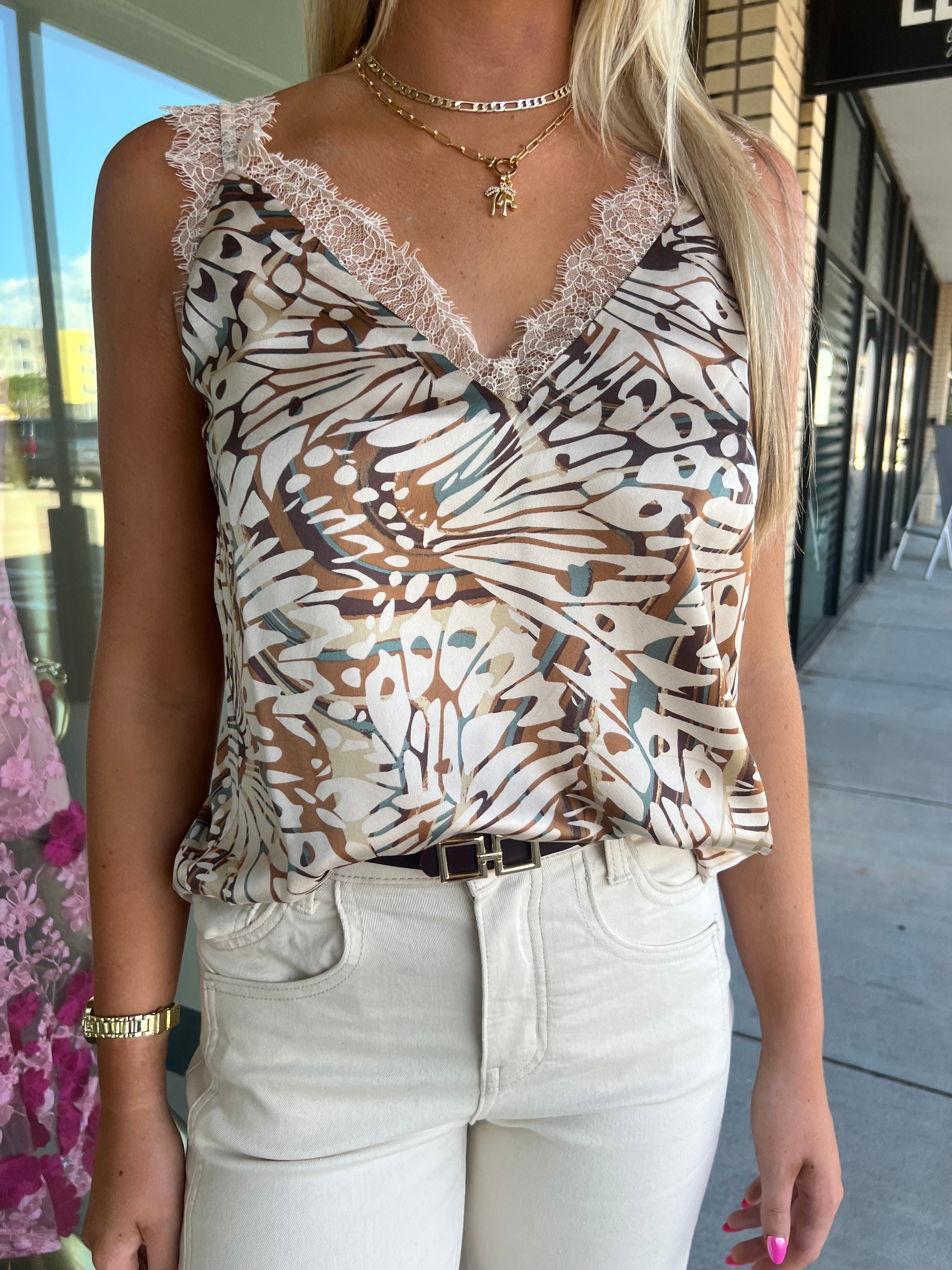 Krystal Beige Multi Print Satin Cami Top