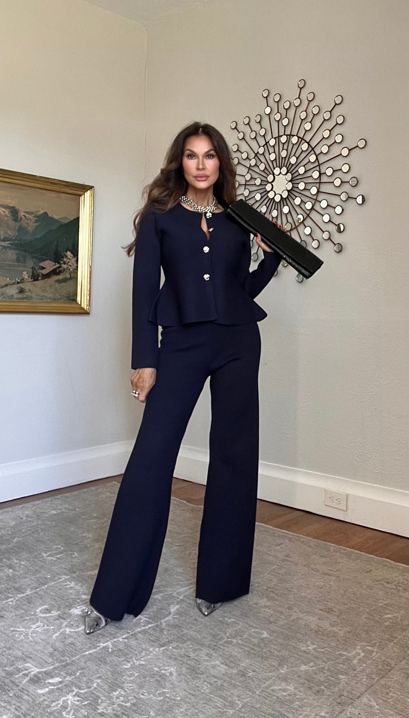 Liberty Navy Knit High Waist Flare Pant