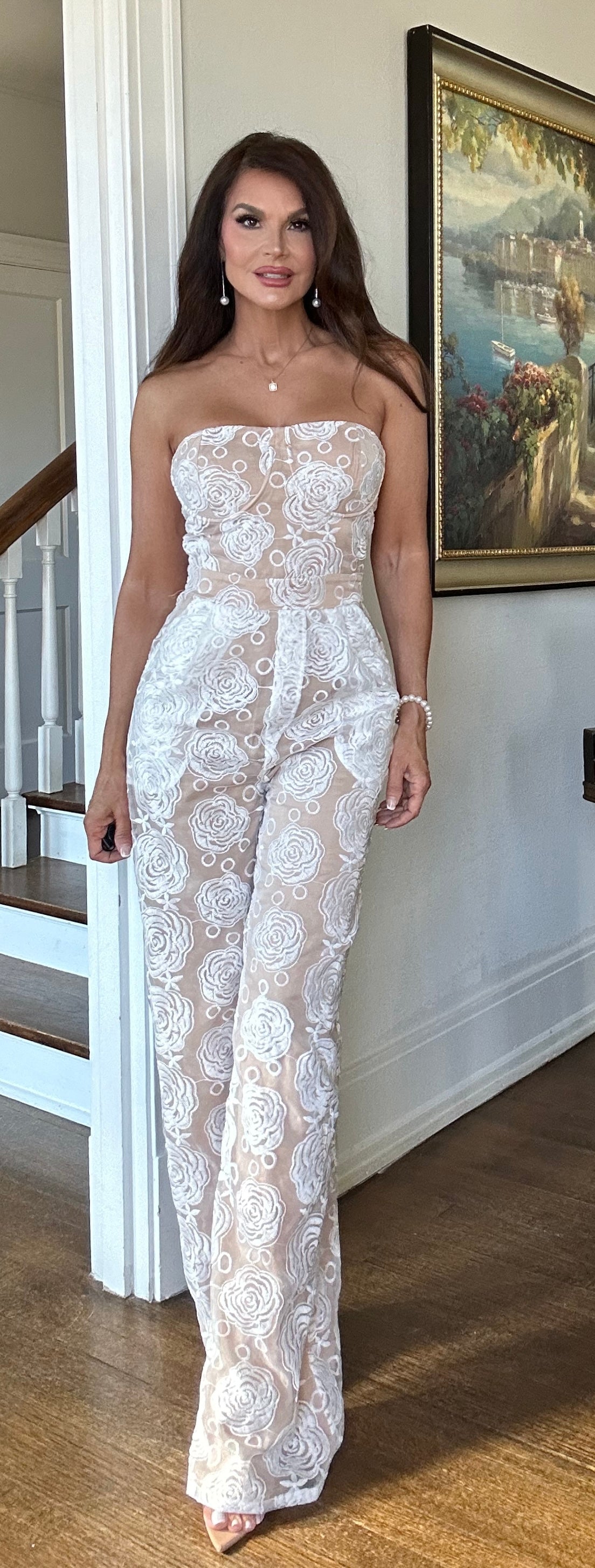 Camille white and nude embroidery and lace tube jumpsuit