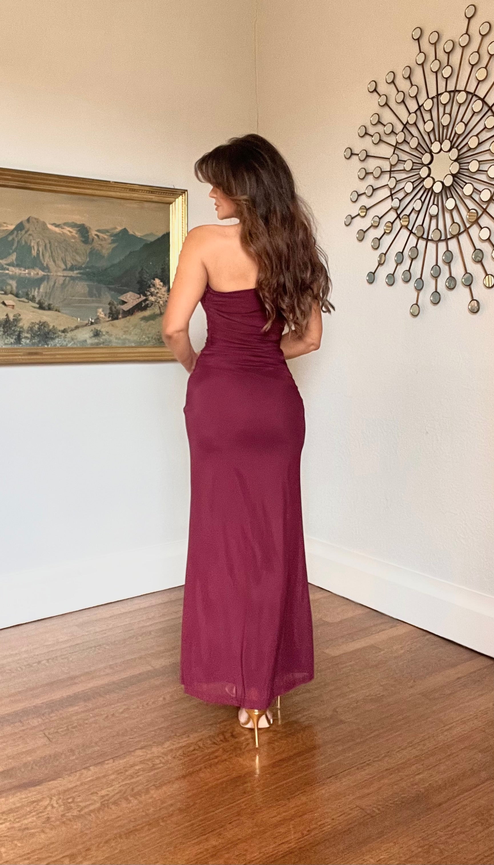 Tara Deep Wine One Shoulder Side Ruched Midi Dress