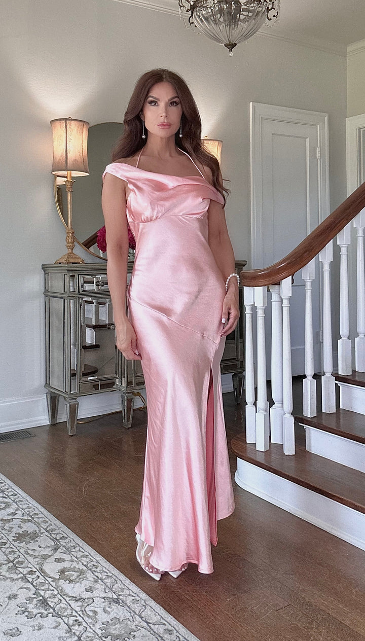 Shannon rose pink satin cowl neck maxi dress with slit