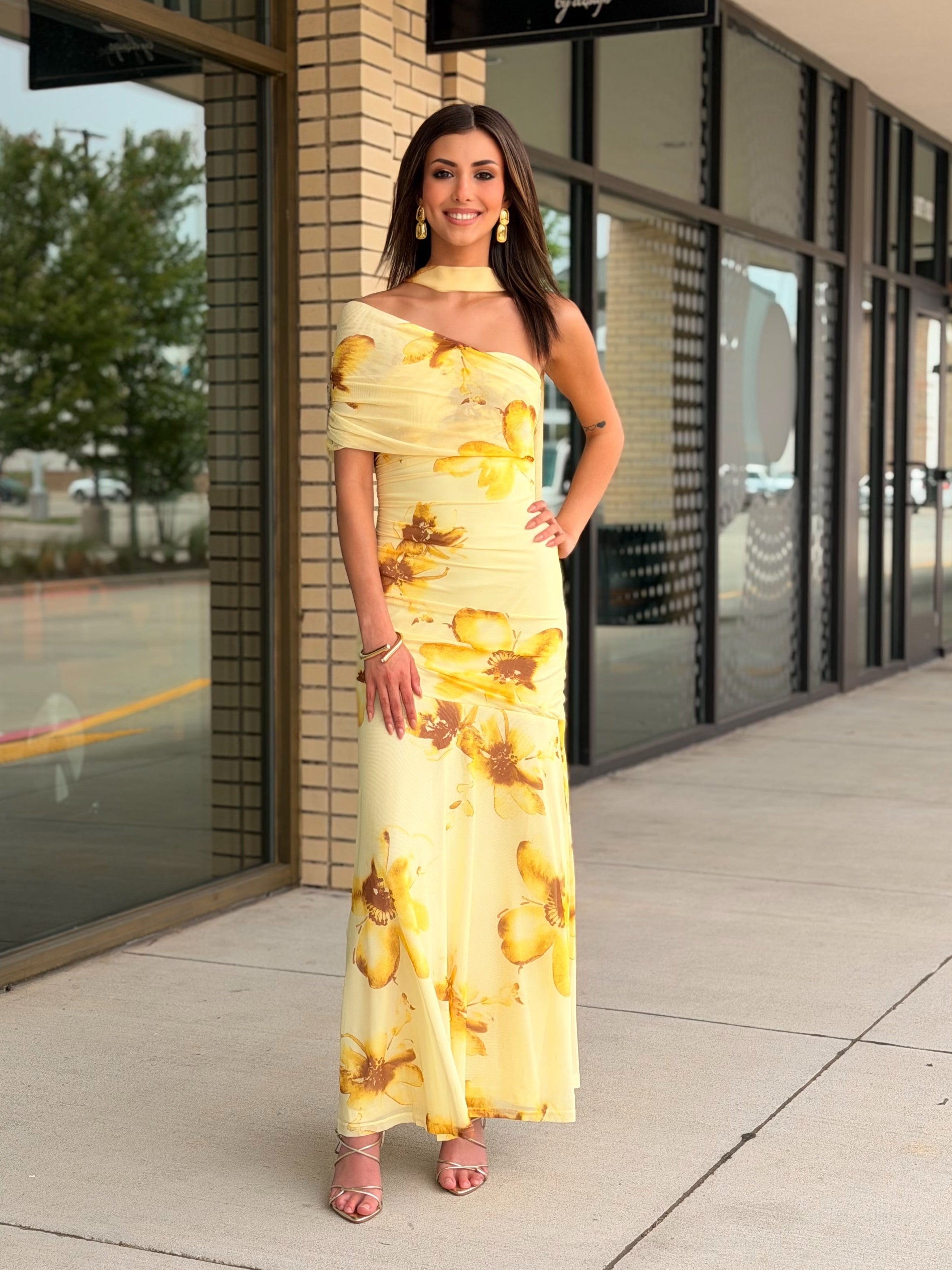 Rhea yellow floral  strapless asymmetrical maxi dress