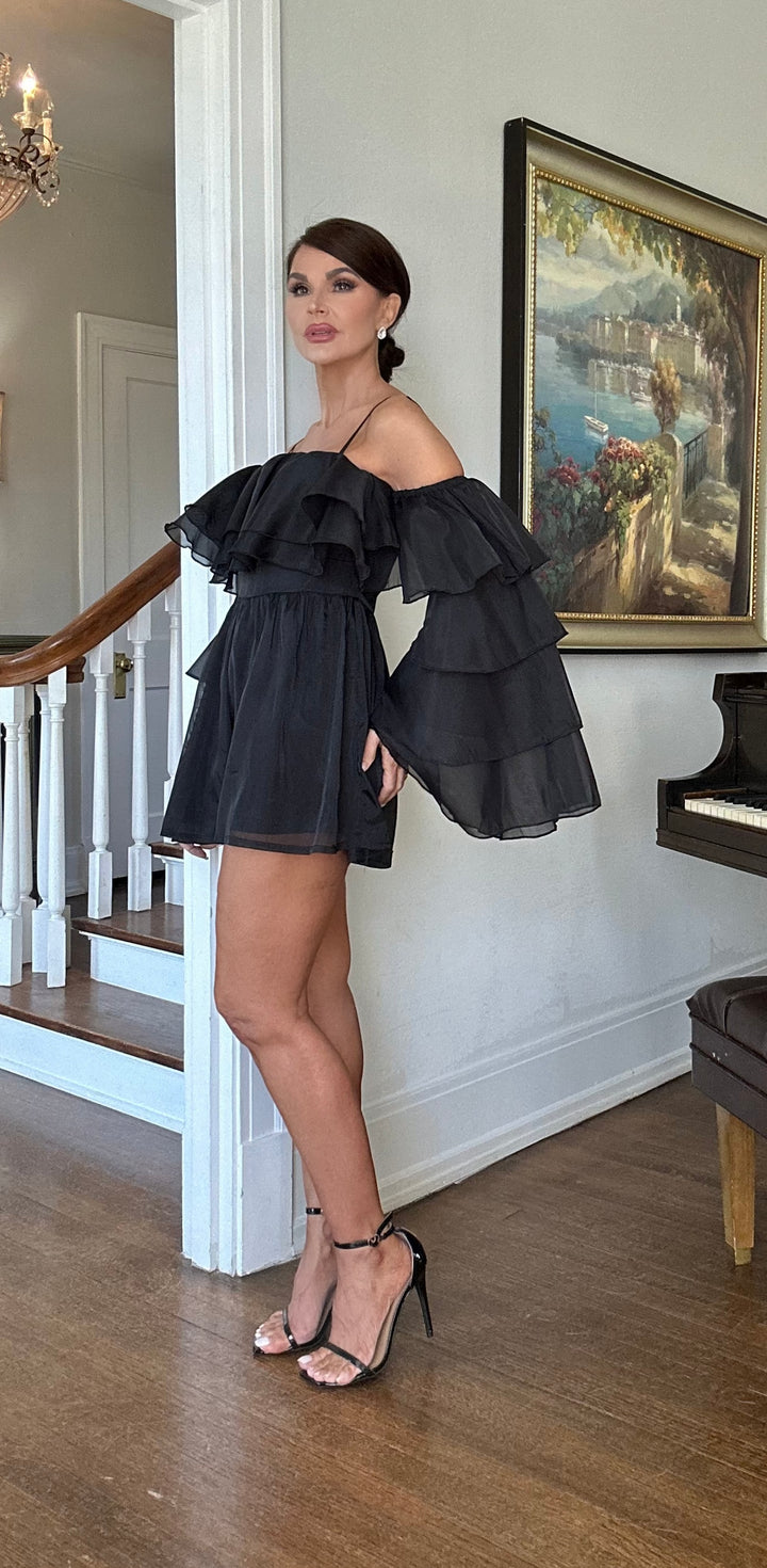 Celeste black tiered chiffon off shoulder romper