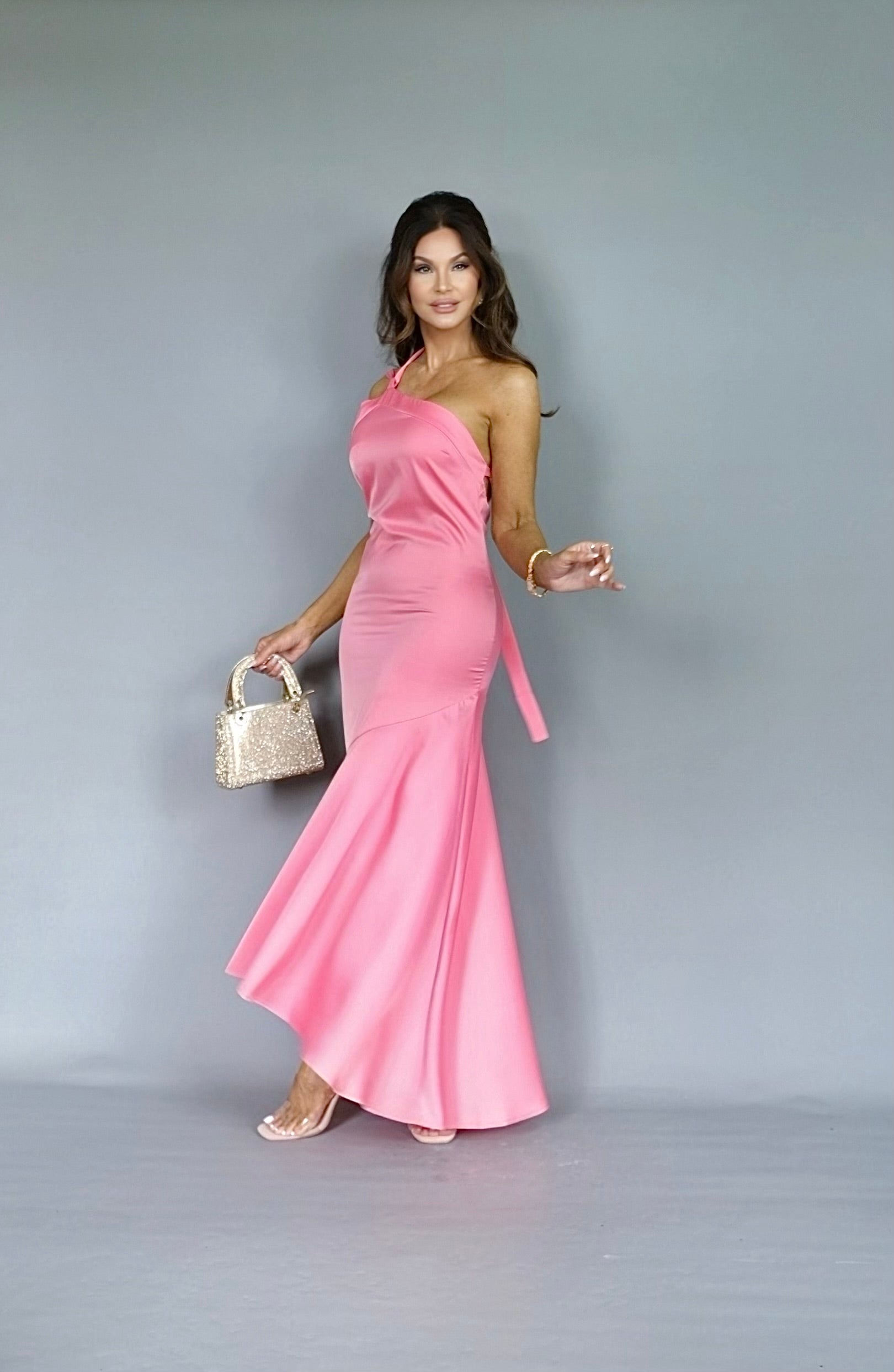Vera pink slant shoulder maxi length slip dress