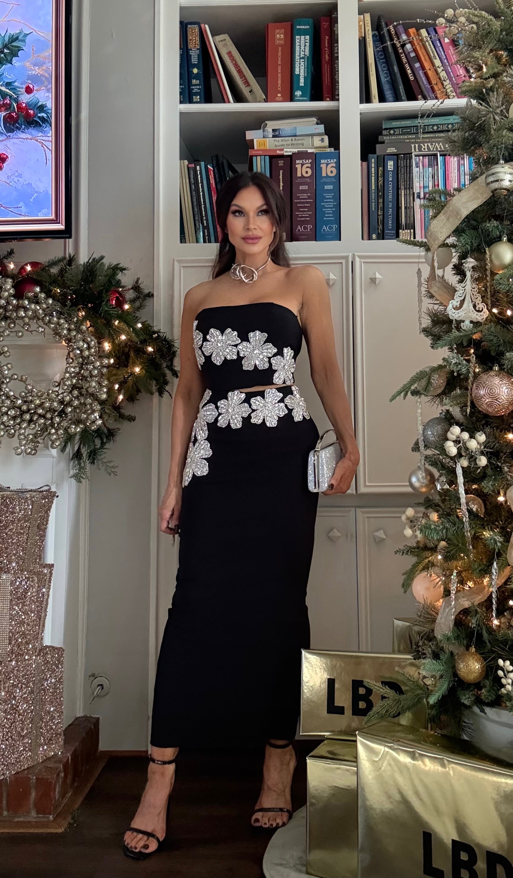 Flora Black Pencil Midi SKirt With Rhinestone Applique