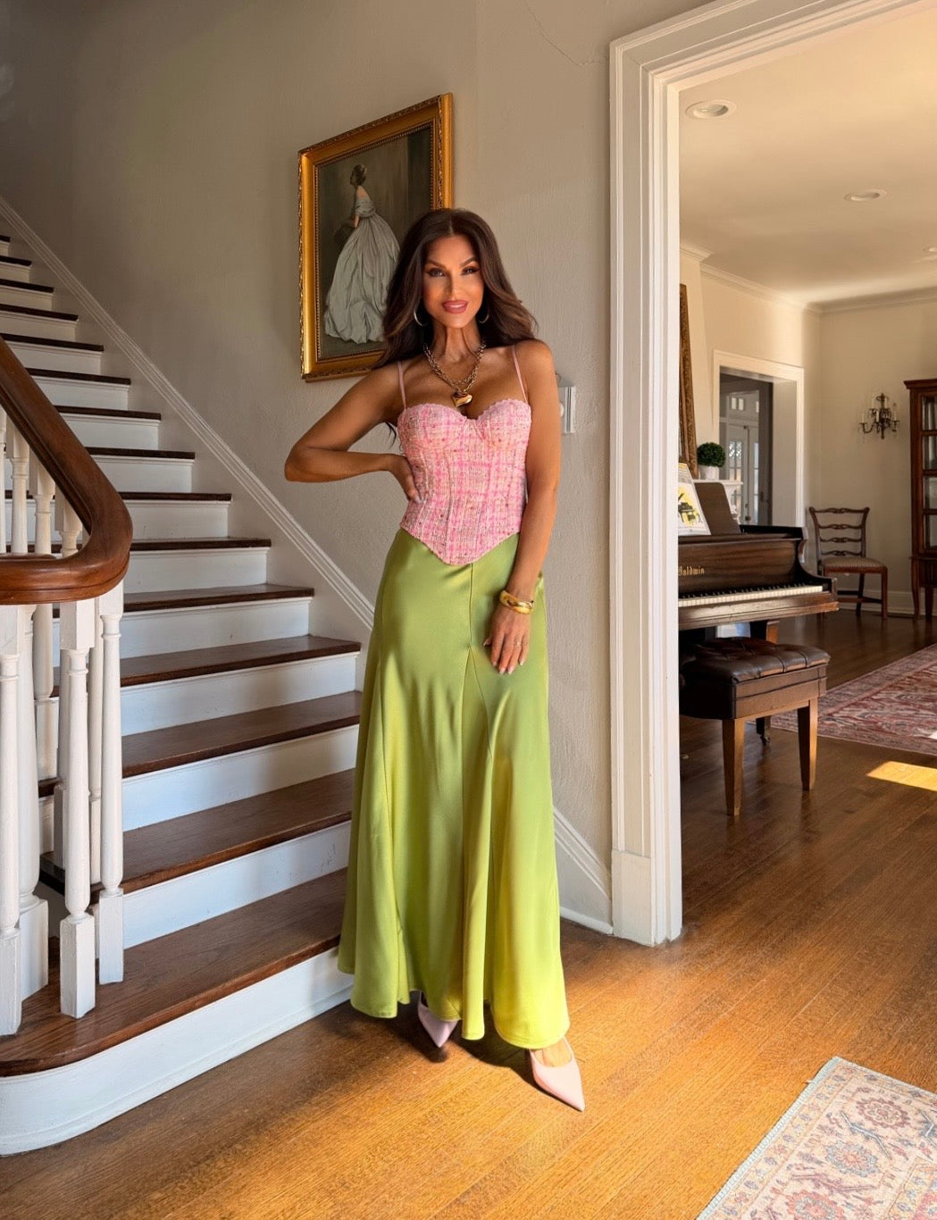 Quinn light olive flared mermaid satin midi skirt