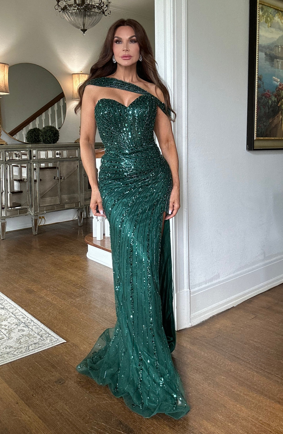 Polina Emerald Sequin Formal With Slit