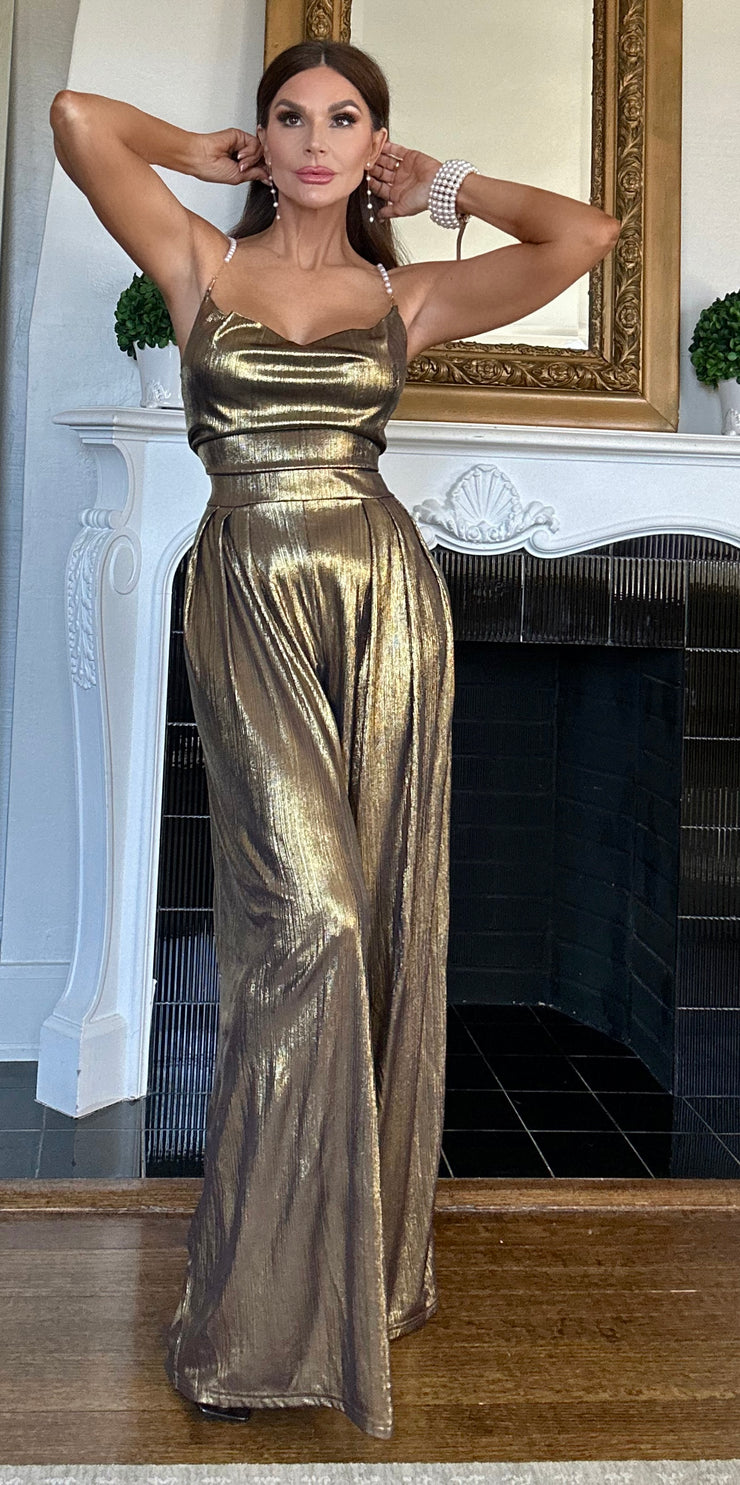 Ama metallic gold jumpsuit with pearl straps