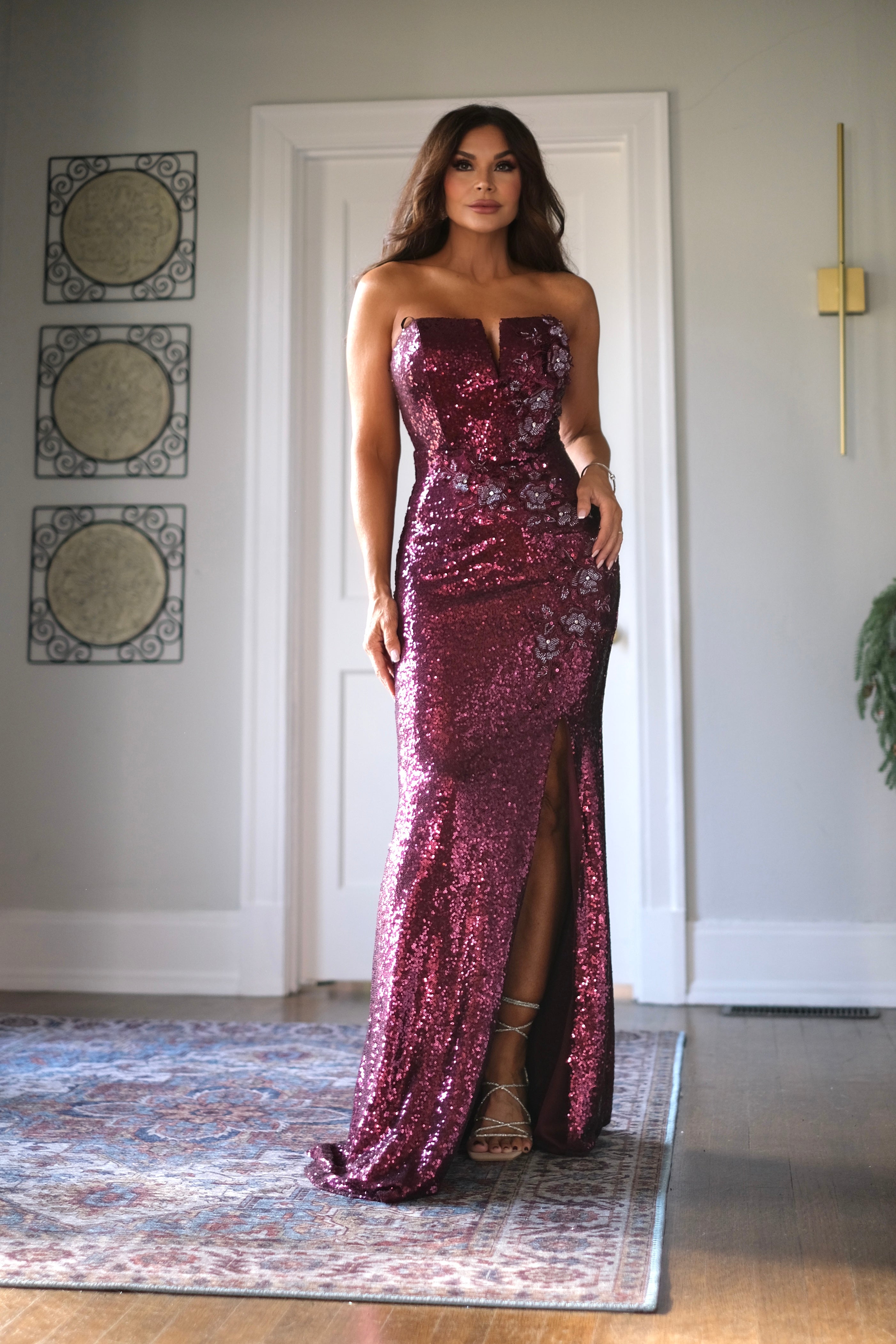 Meridith Maroon Sequin Formal with Flower Embelishments