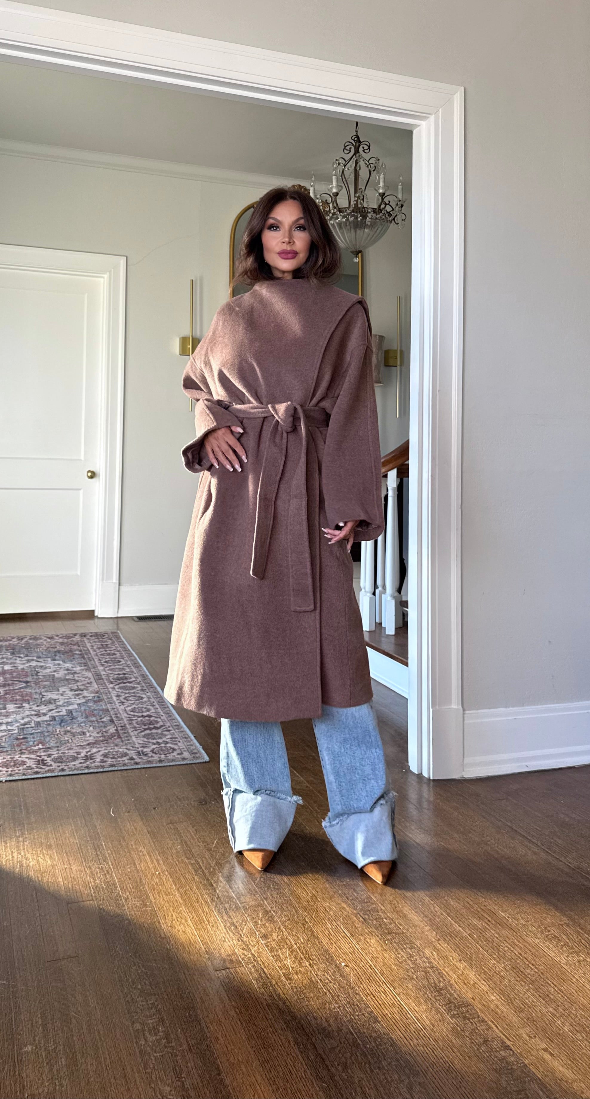 Lexi Drape Brown Front Drape Wool Trench Coat With Tie Belt