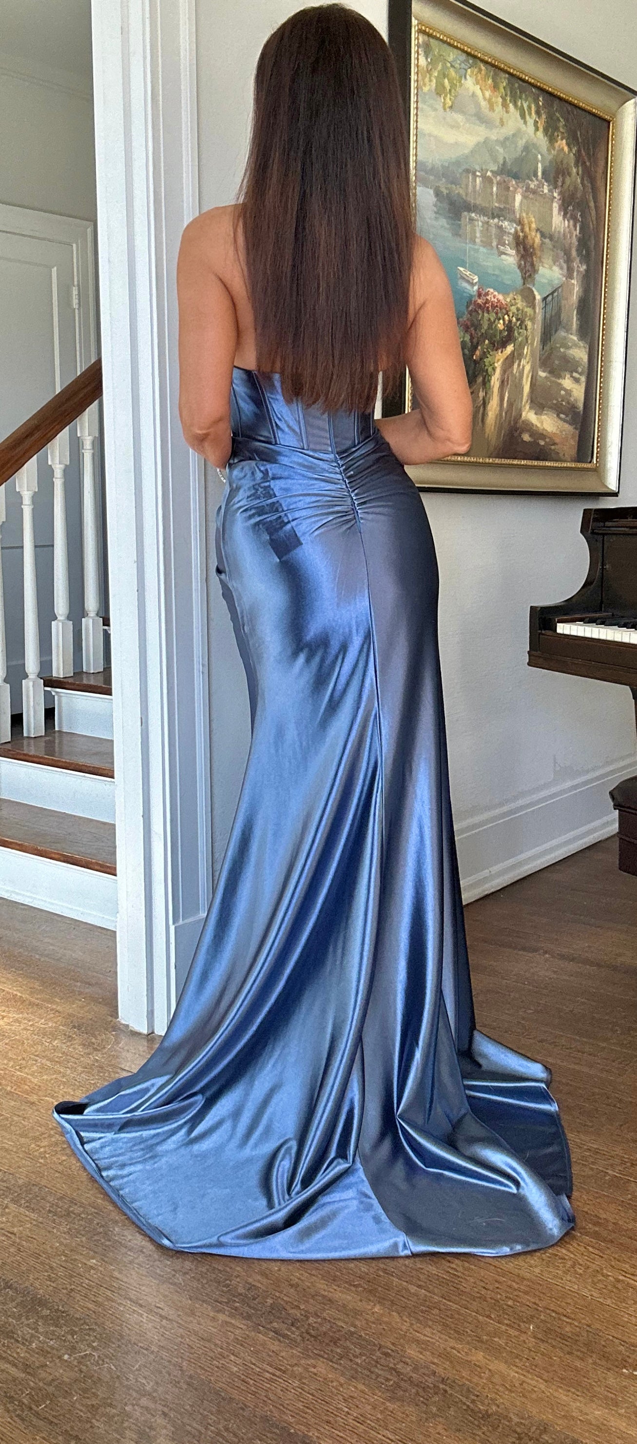 Angelina Smoke blue satin halter corset gown with slit