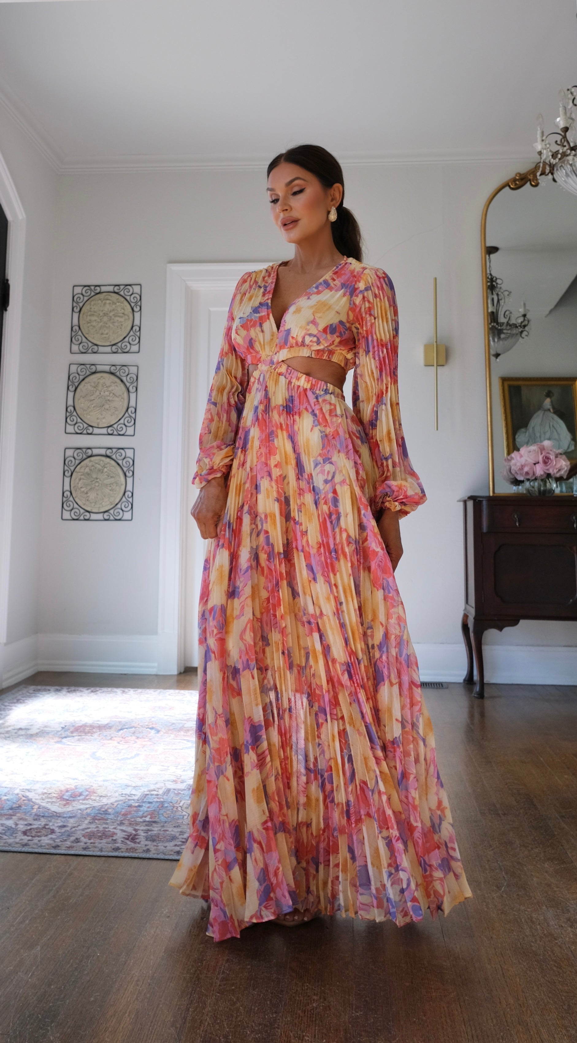 Revery yellow pink floral pleats maxi dress with cut outs