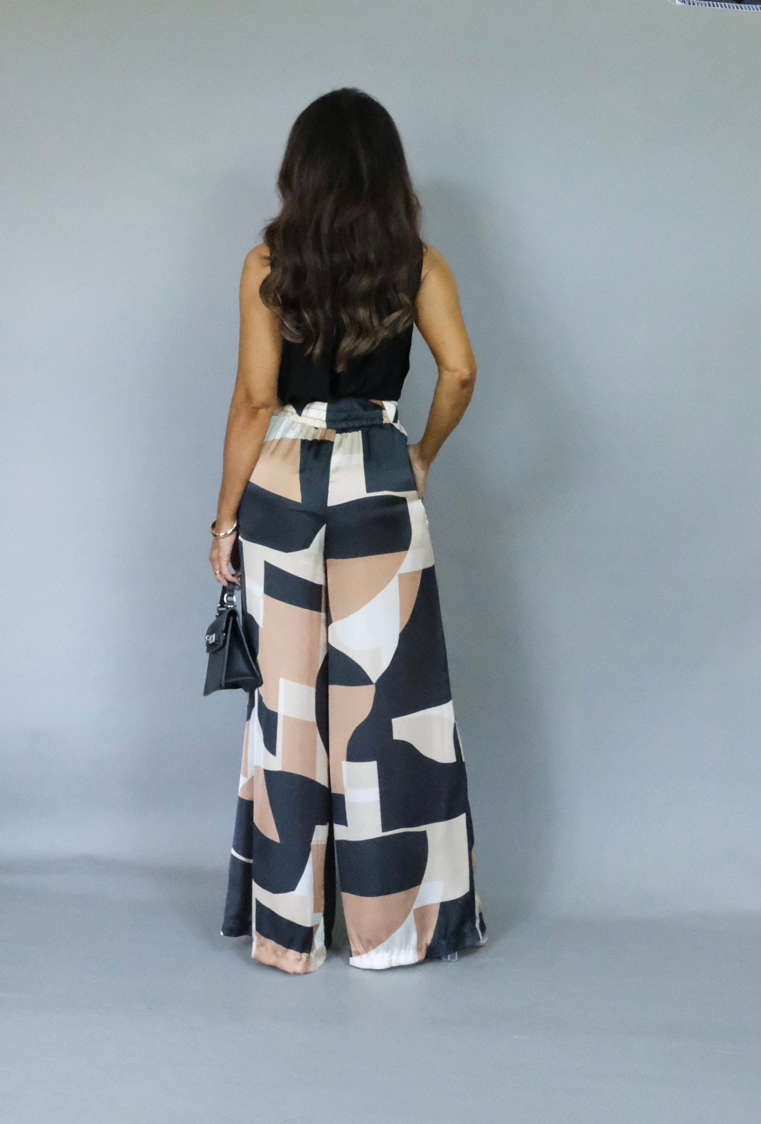 Sloan midnight taupe silk abstract print pant.