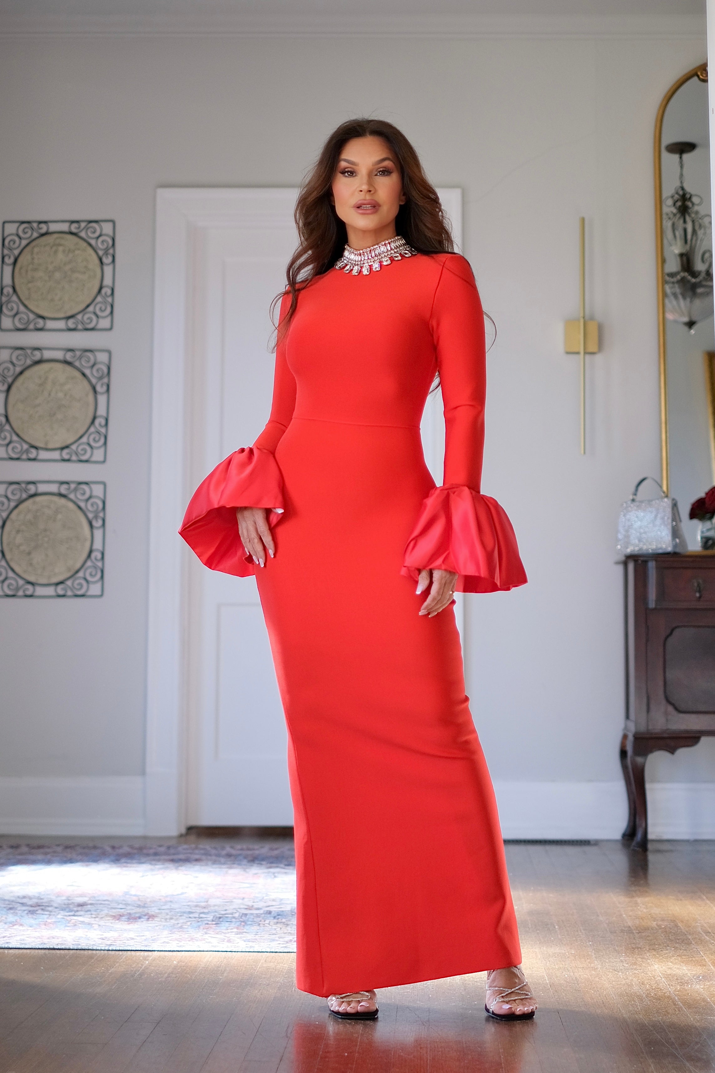 Loni red bandage midi dress with satin sleeve ruffles and crystal detail