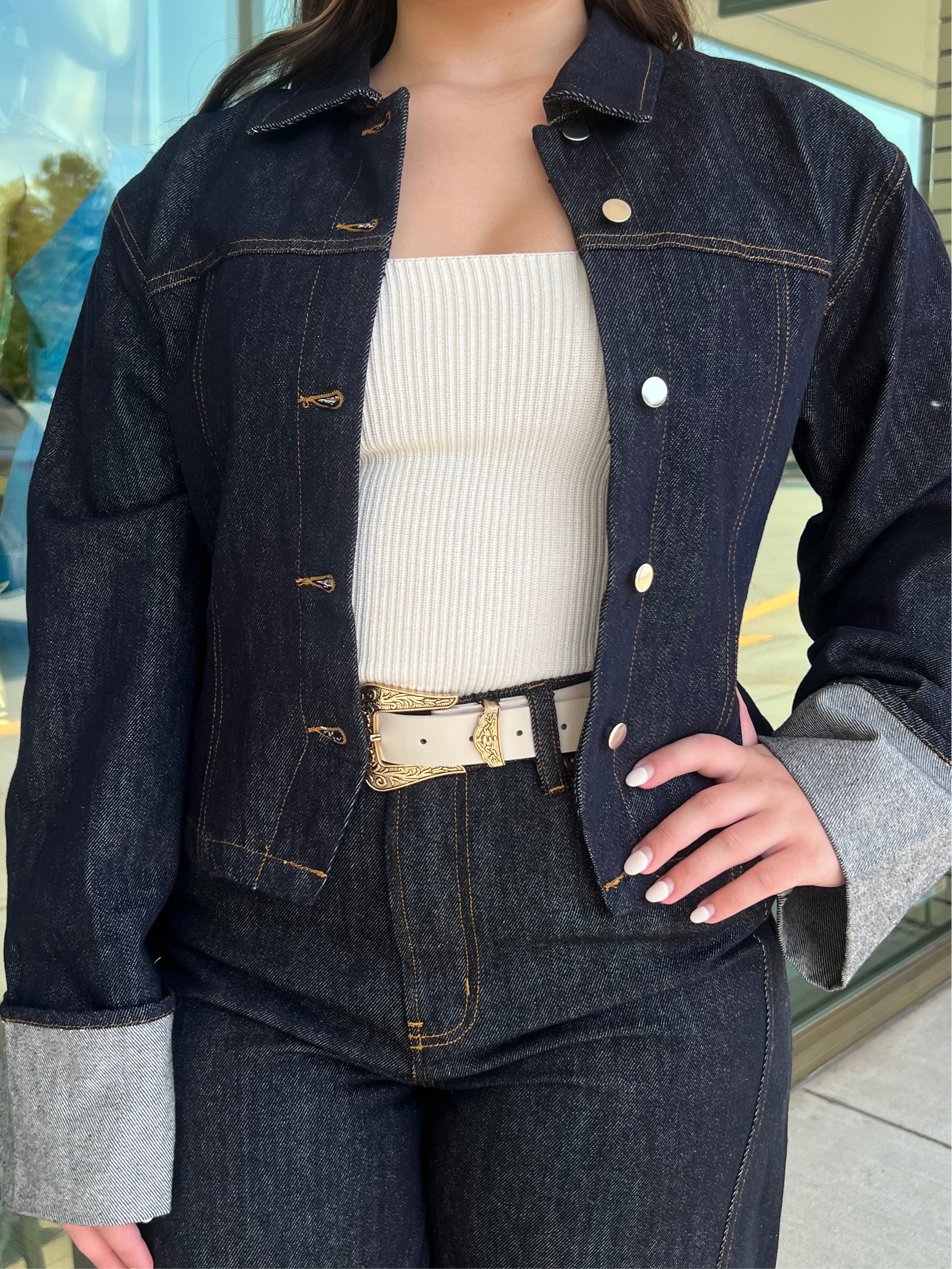 Lucy Dark Denim Jacket With Cuffed Sleeves