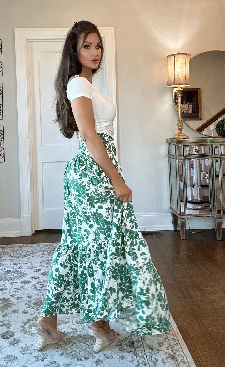 Flora green floral print peasant maxi skirt