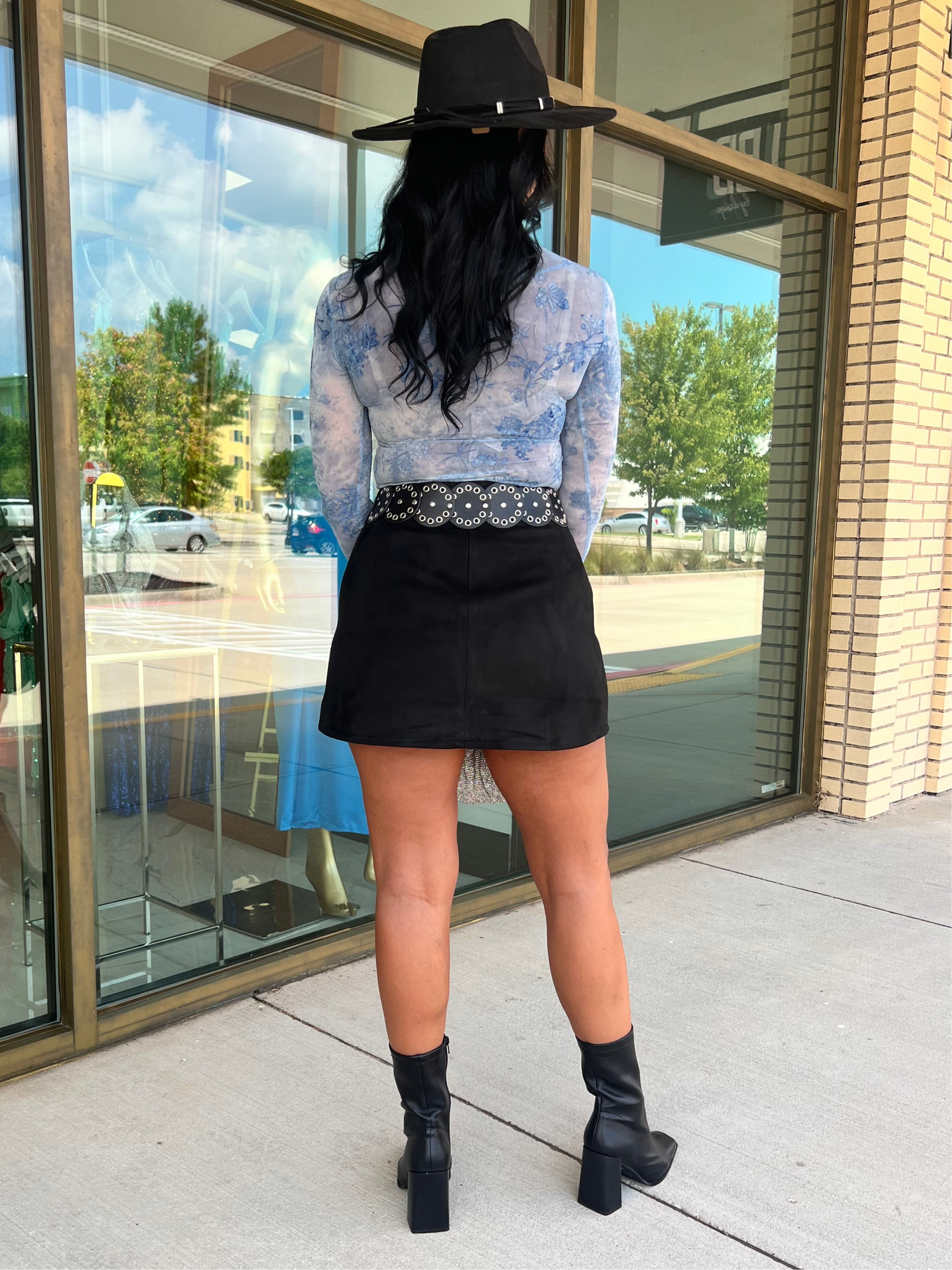 Trish Black Suede Front Yoke Mini Skirt