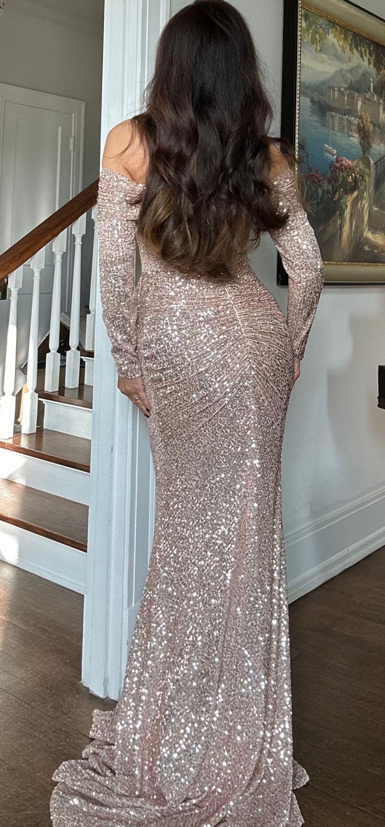 Reba rose gold sequin off the shoulder long sleeve gown