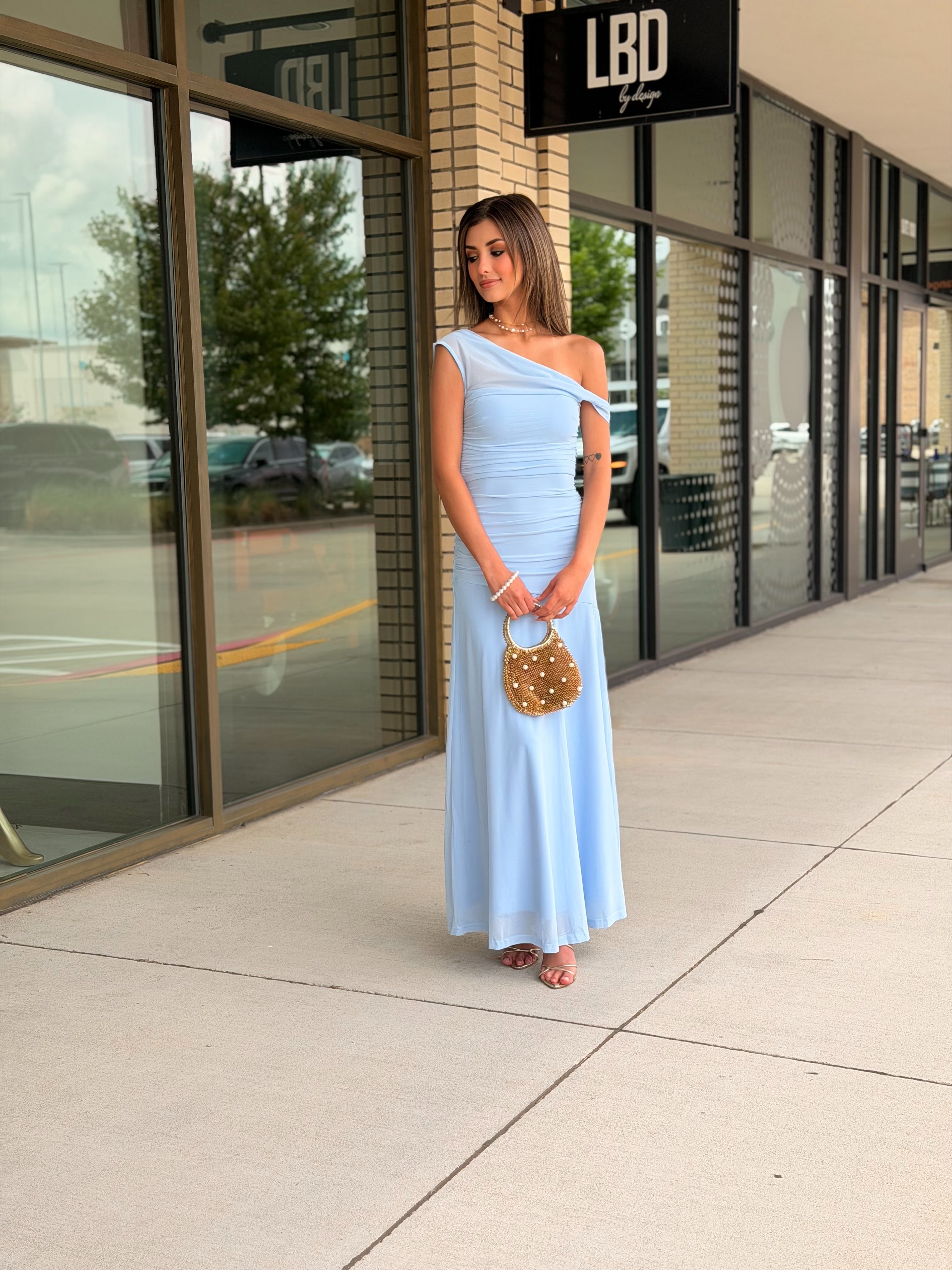 Noa Ice Blue Off Shoulder Drop Waist Maxi Dress