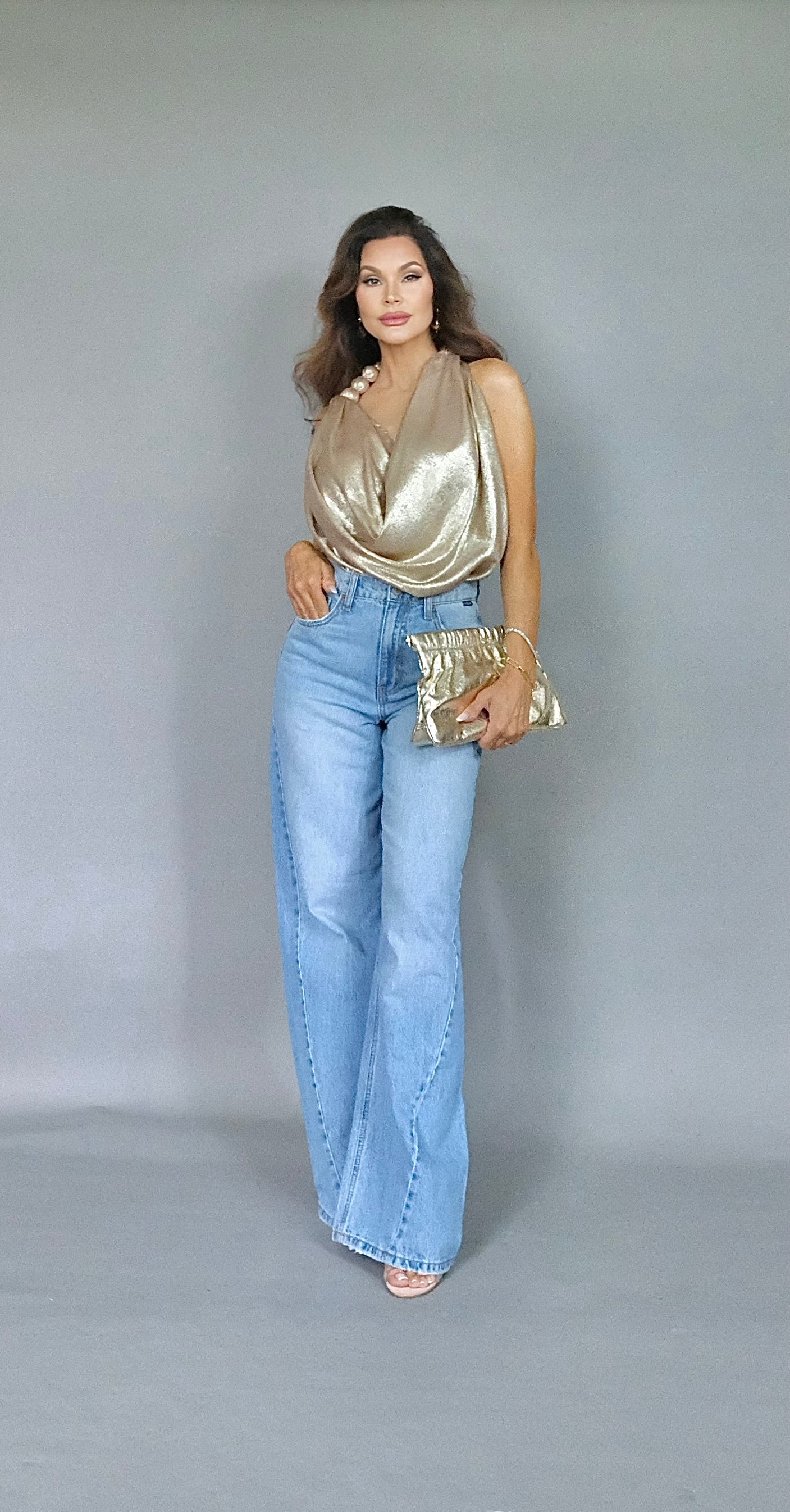 Zena gold halter open back tie blouse
