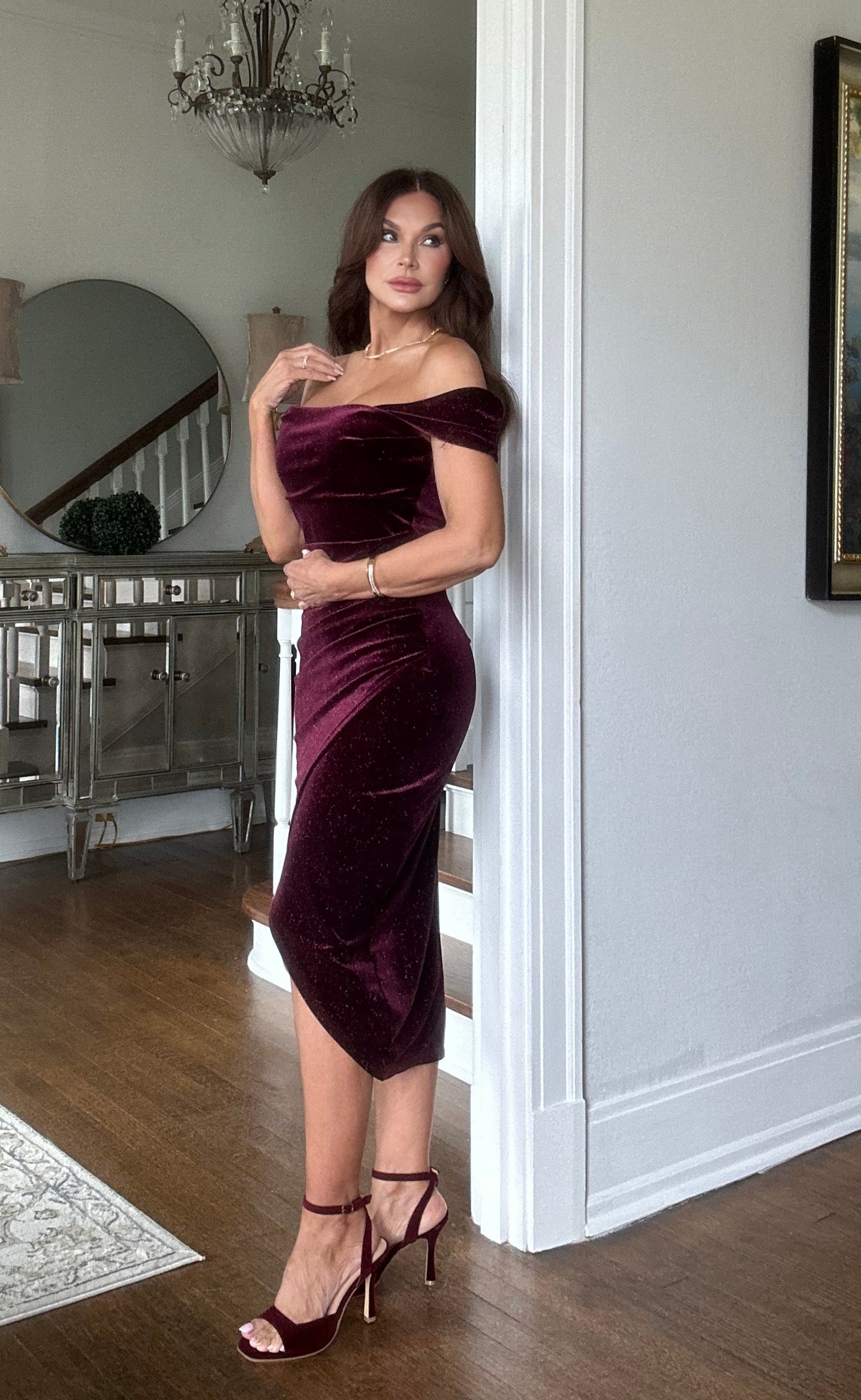 Jessica burgundy velvet glitter off shoulder midi dress