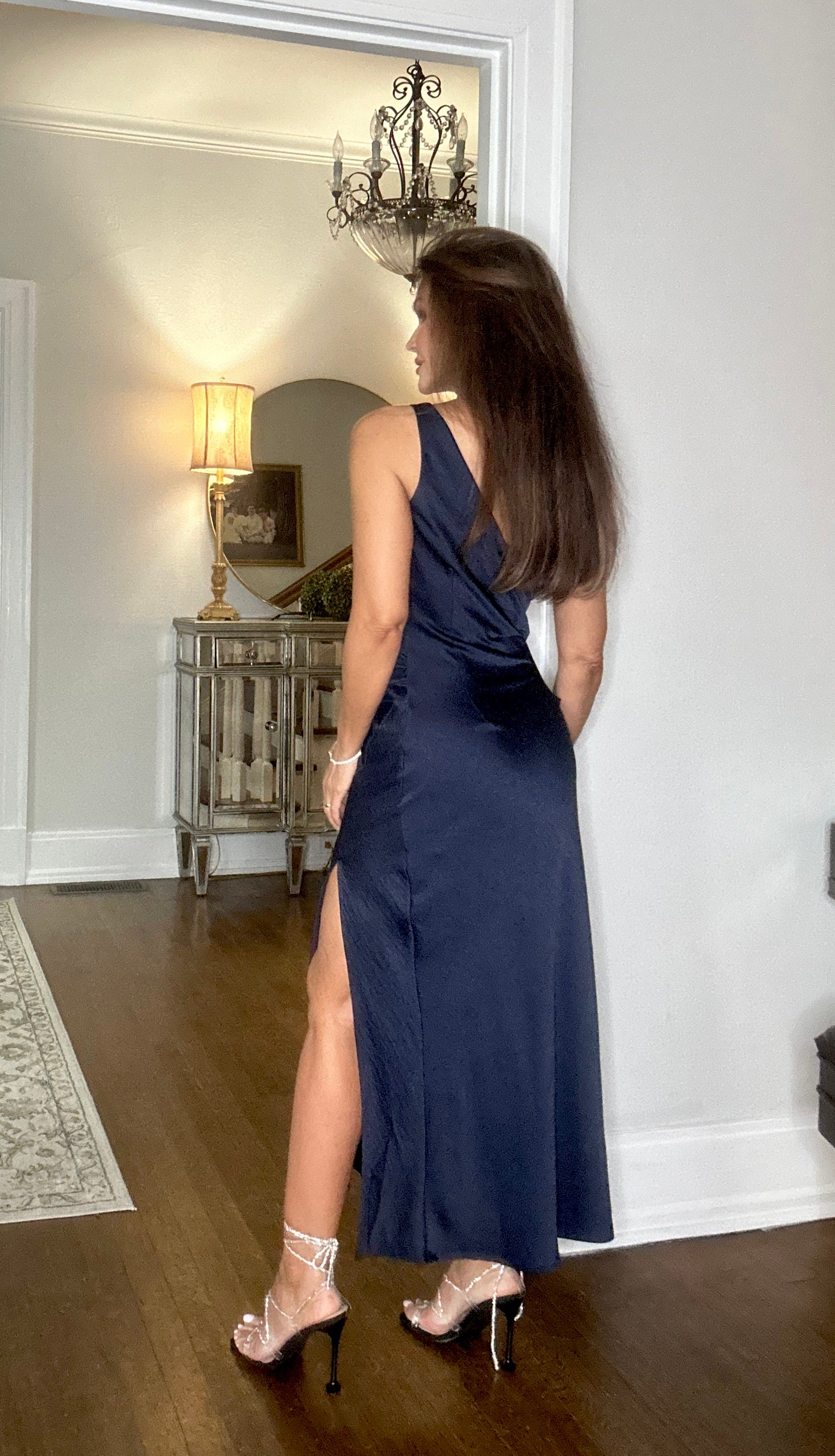 Paris Navy Satin Sleeveless Midi dress with Cowl Neck