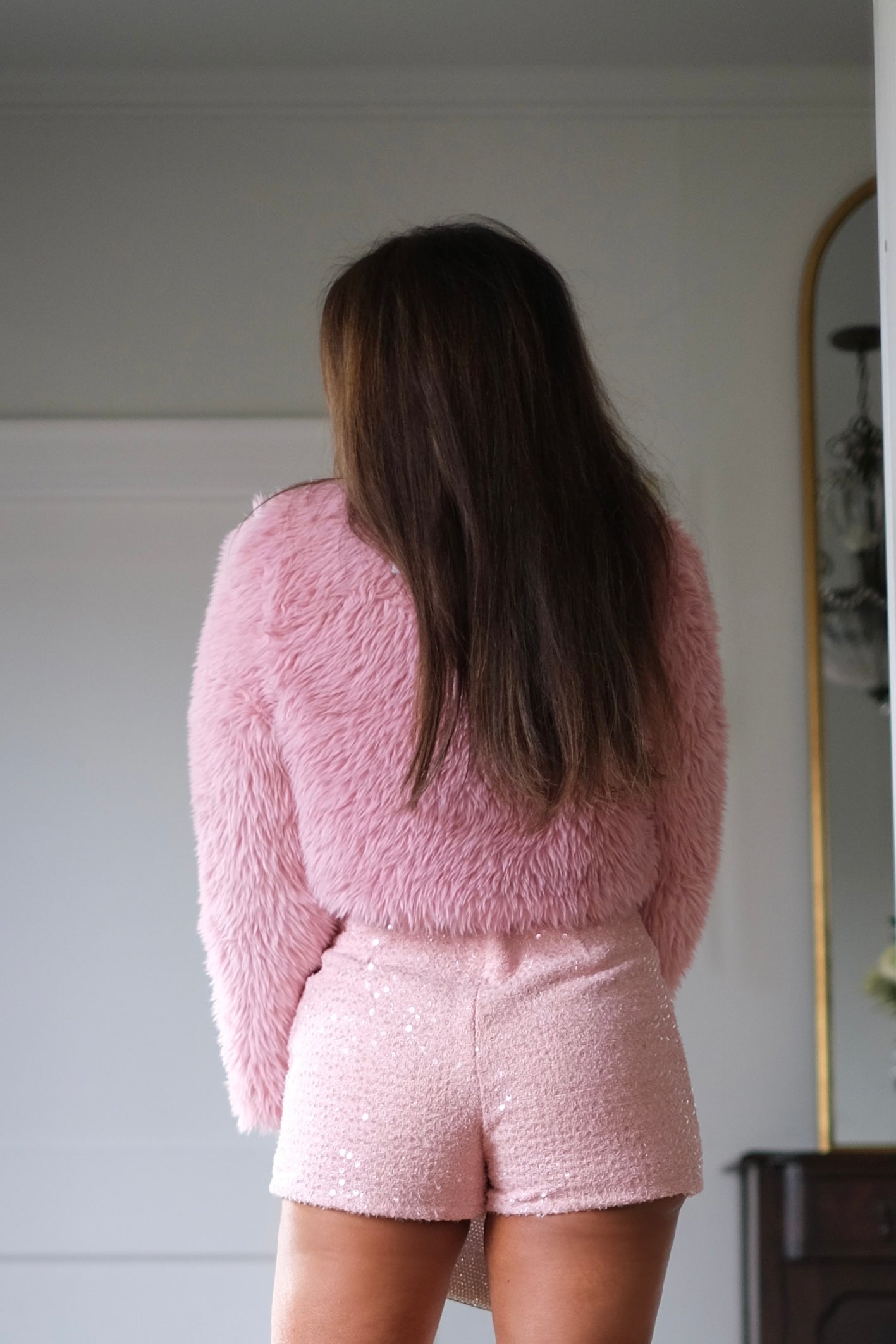 Remi light pink fuax fur crop jacket