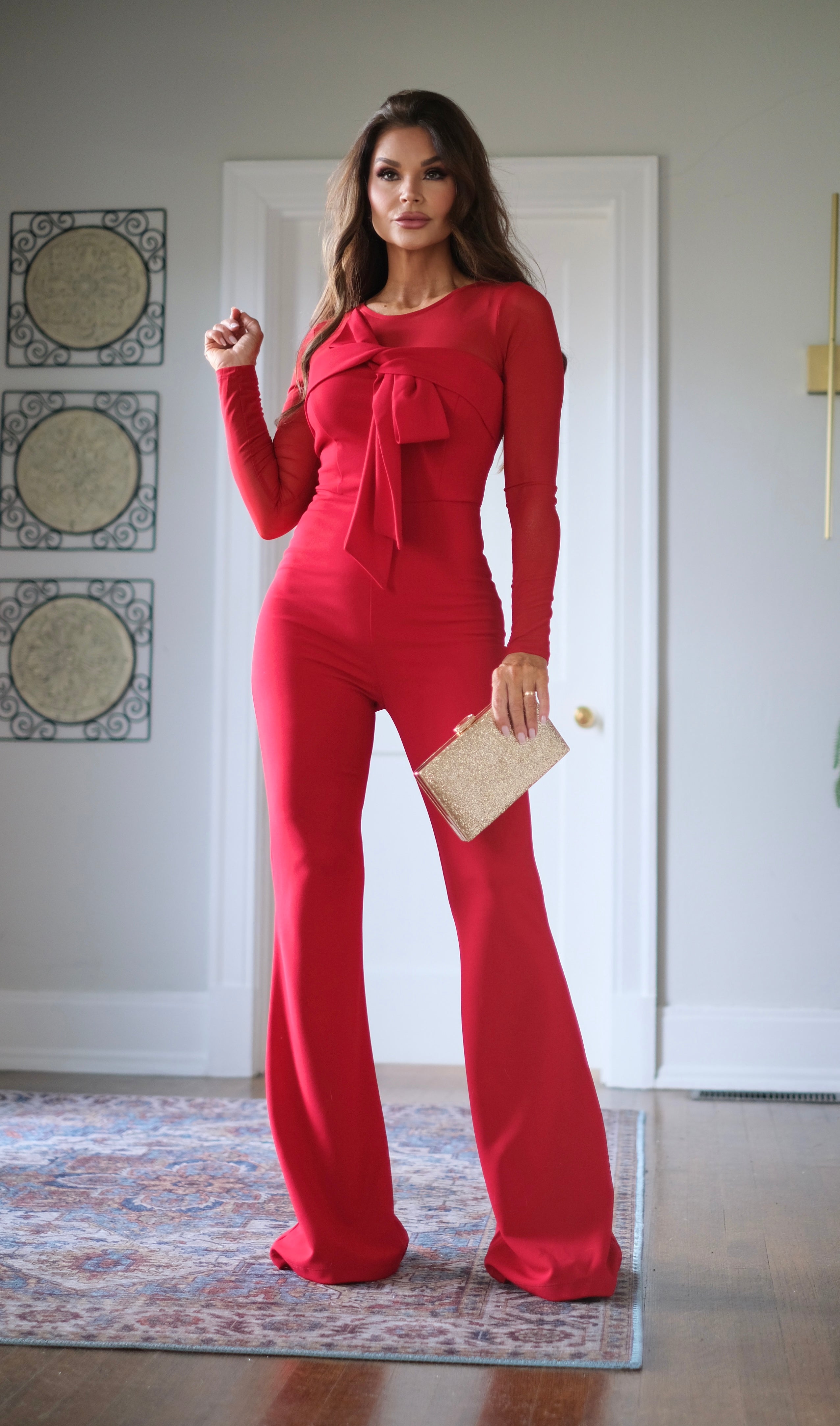 Rita Red Mesh Sleeved Jumpsuit with Bow Detail