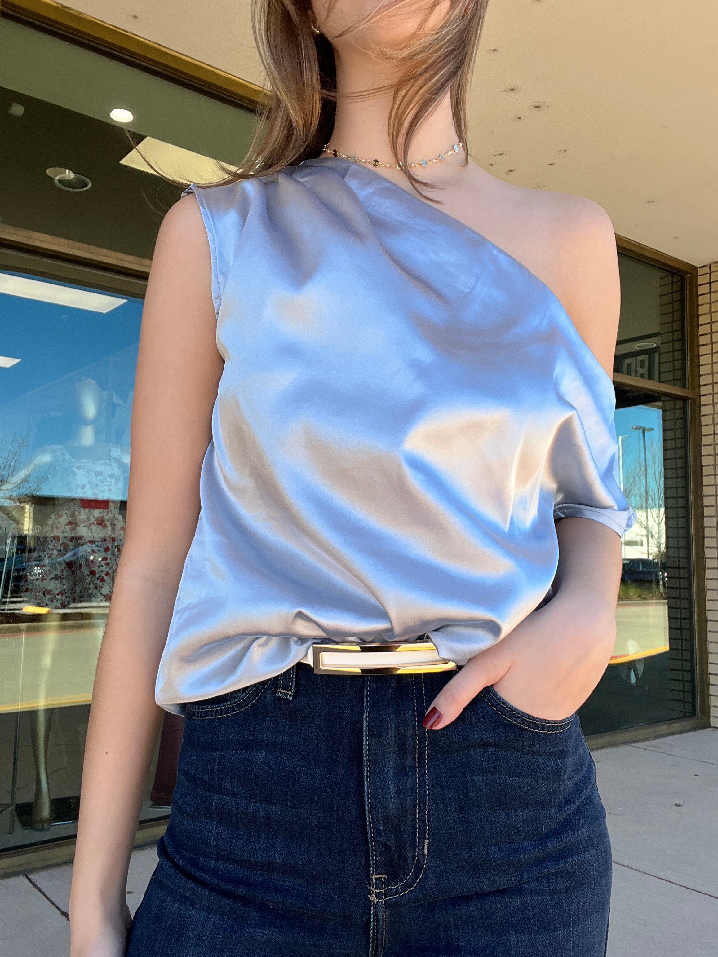 Ellen dusty blue satin off the shoulder blouse