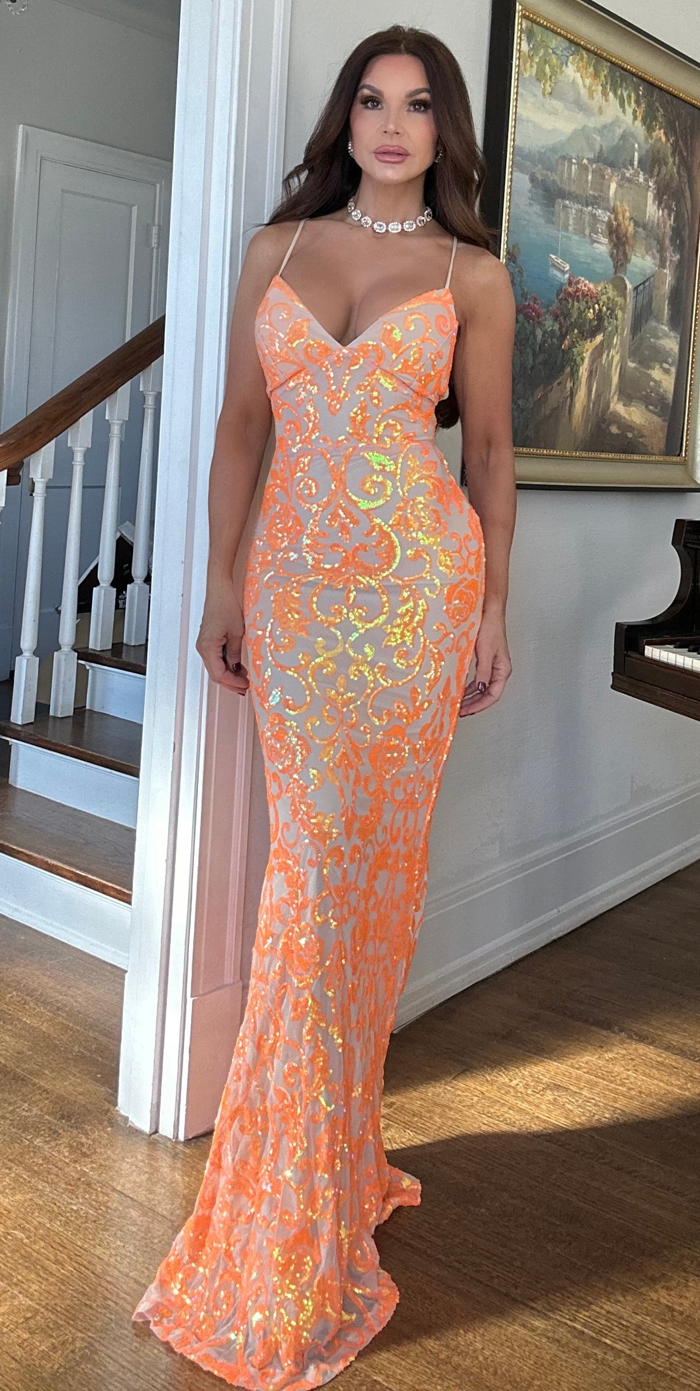 Bella orange and nude sequin maxi dress