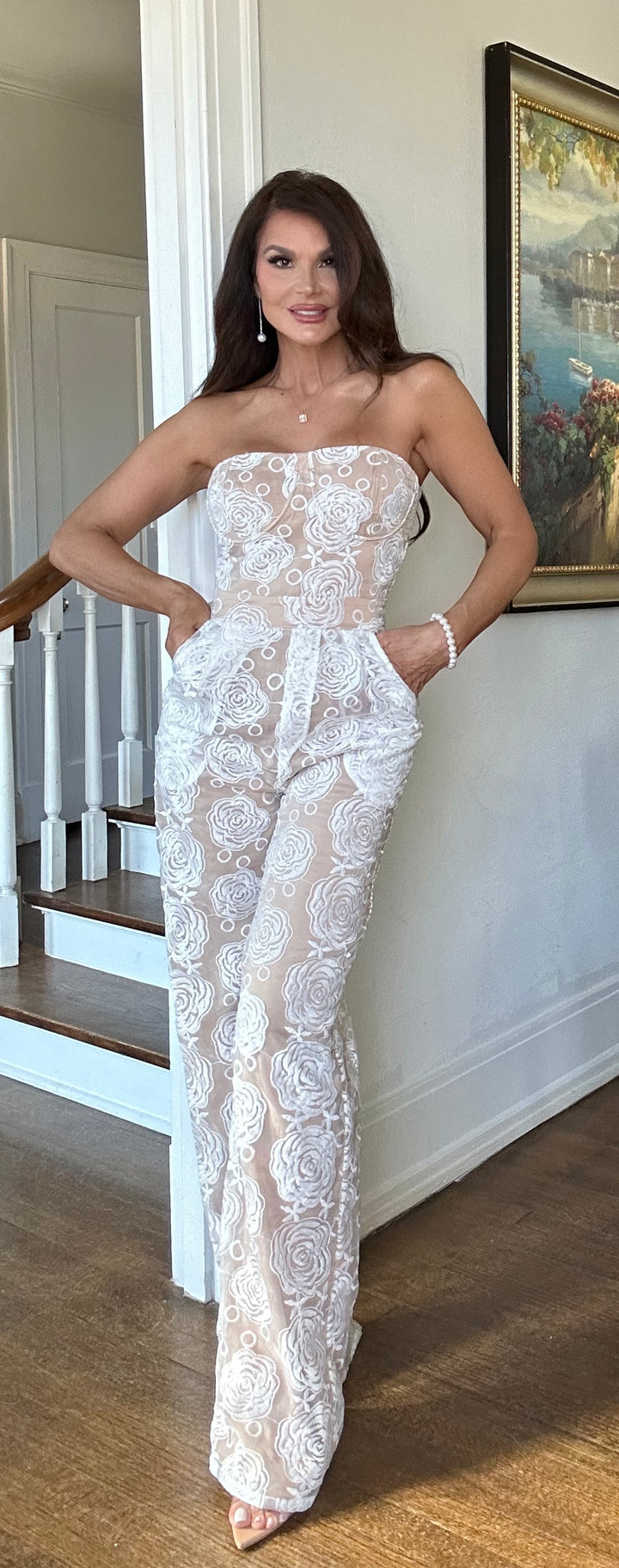 Camille white and nude embroidery and lace tube jumpsuit