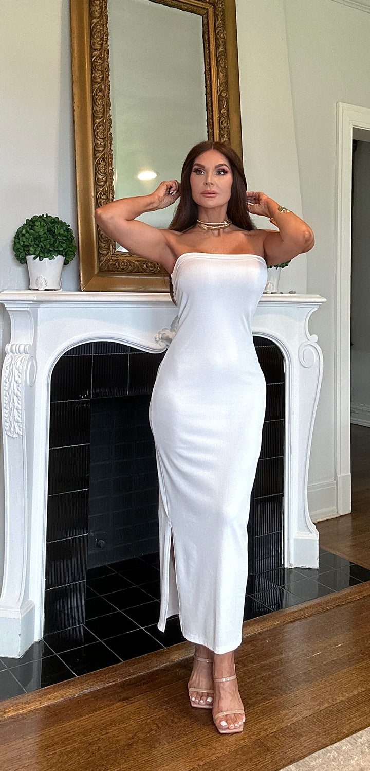 Sasha white textured tube maxi dress with slit