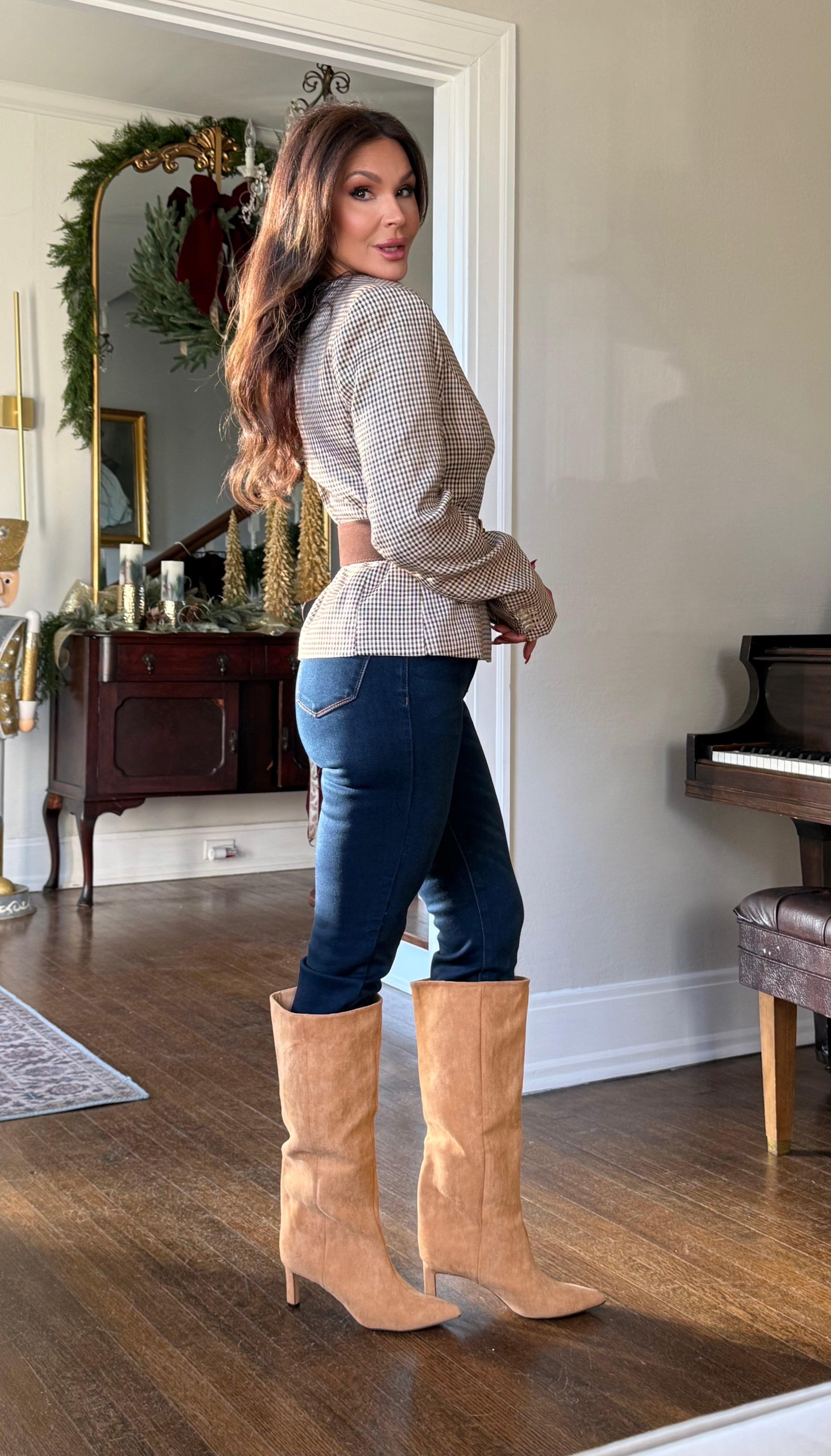 Lana Brown Plaid Round Neck Blazer