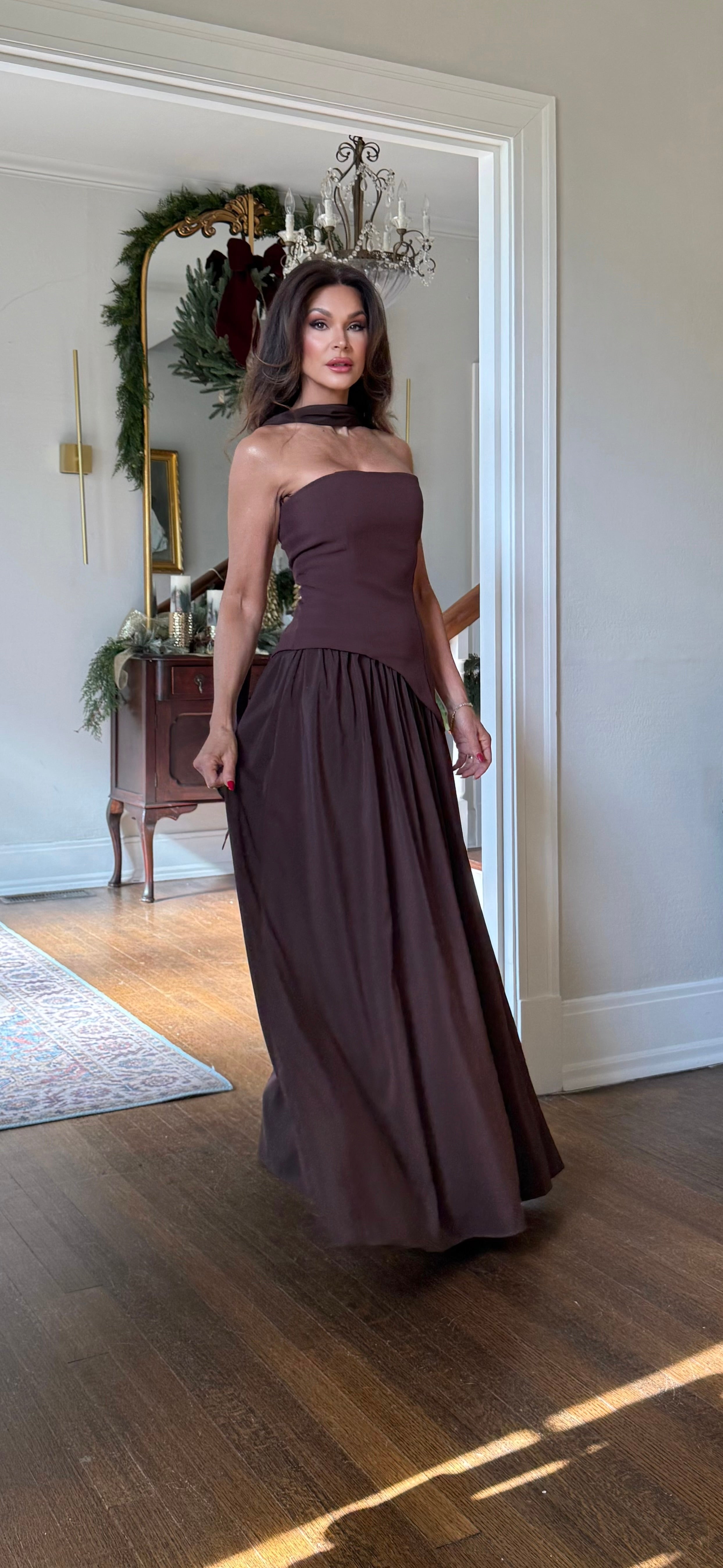 Esmeralda Chocolate Strapless Asymmetrical Waist Gathered Skirt With Slit Midi Dress