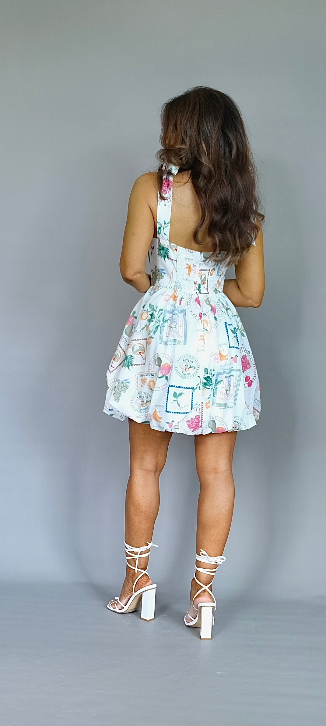 Eden white fruit print bubble hem mini dress