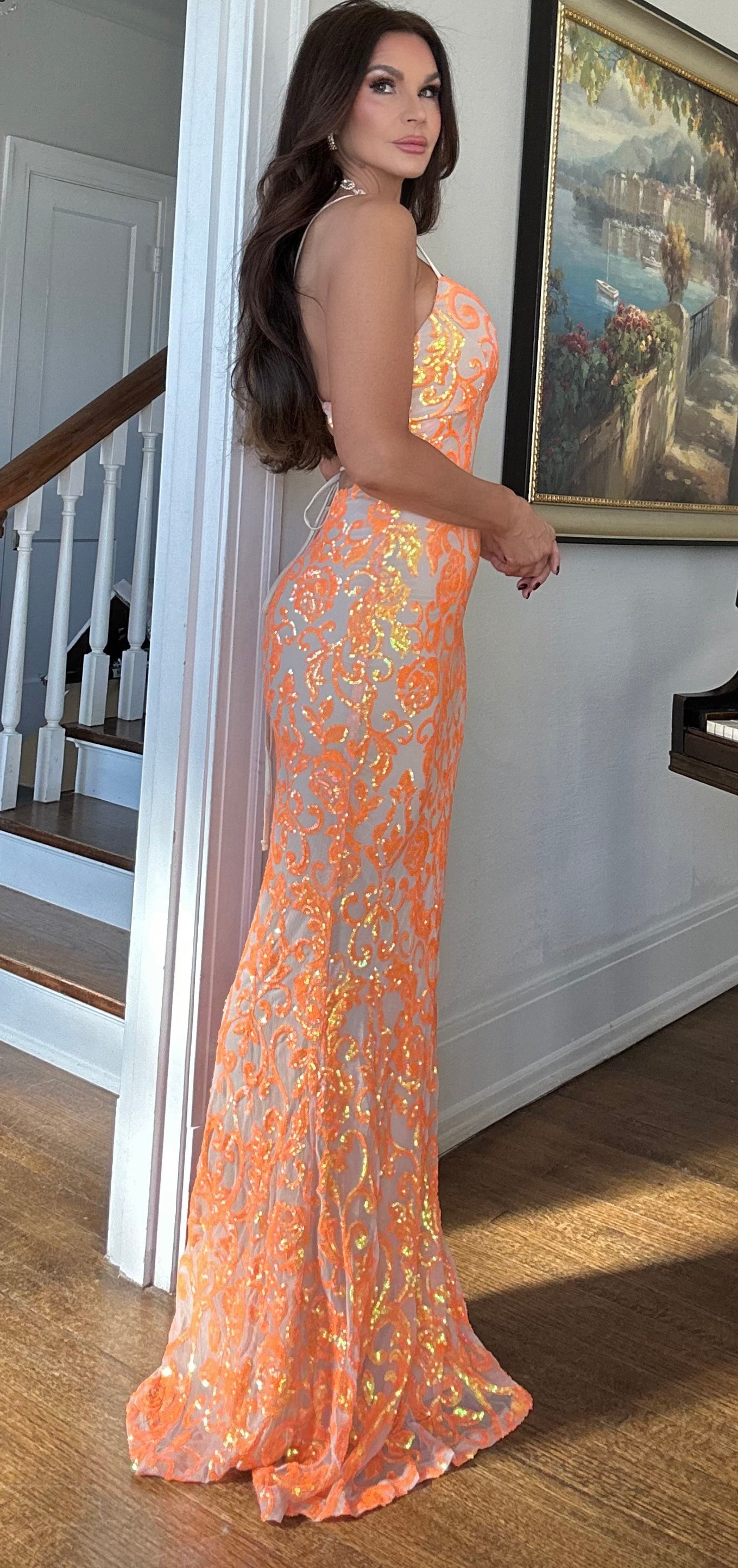 Bella orange and nude sequin maxi dress