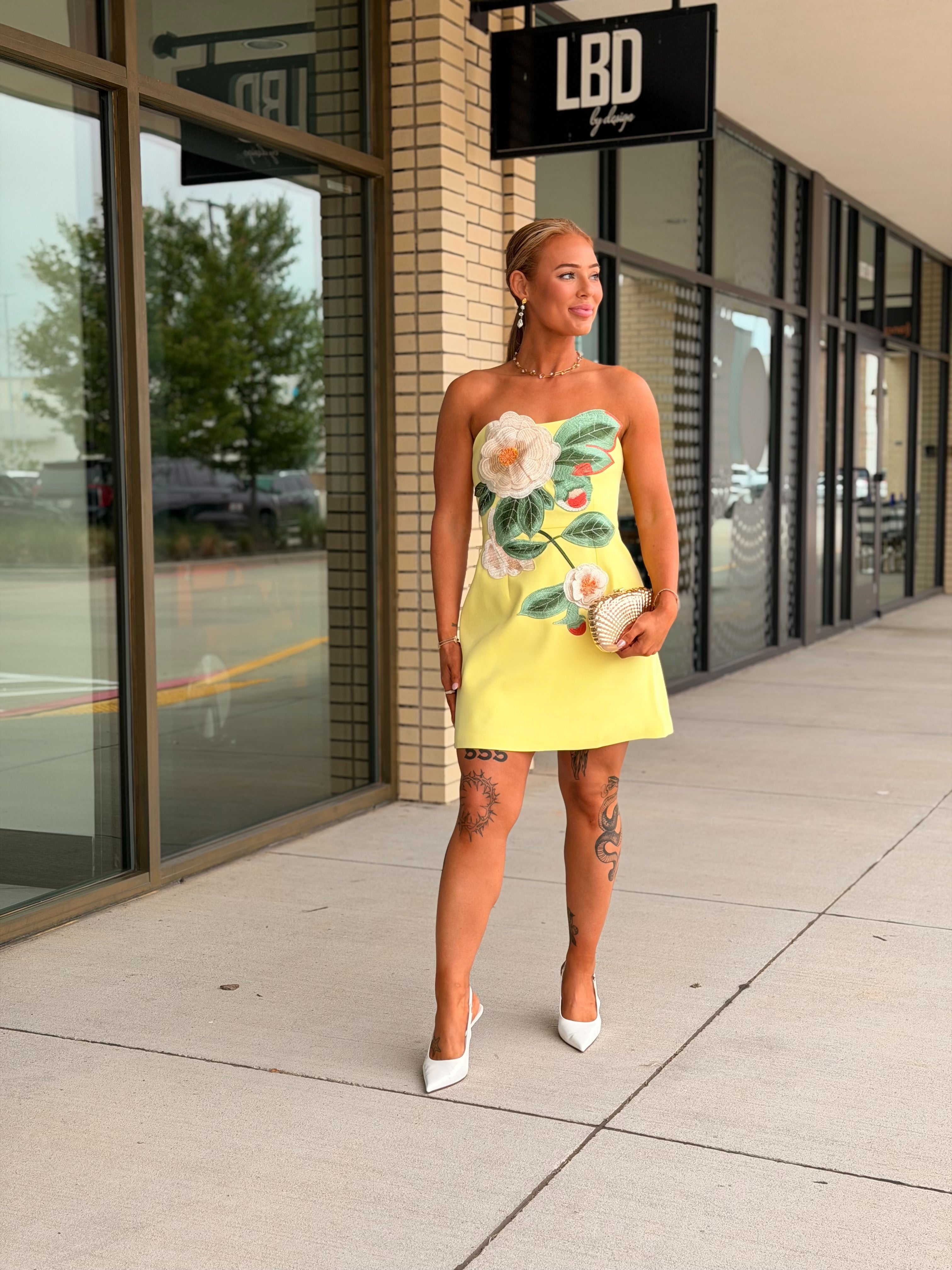 Eliza Yellow 3D Floral A Line Mini Dress