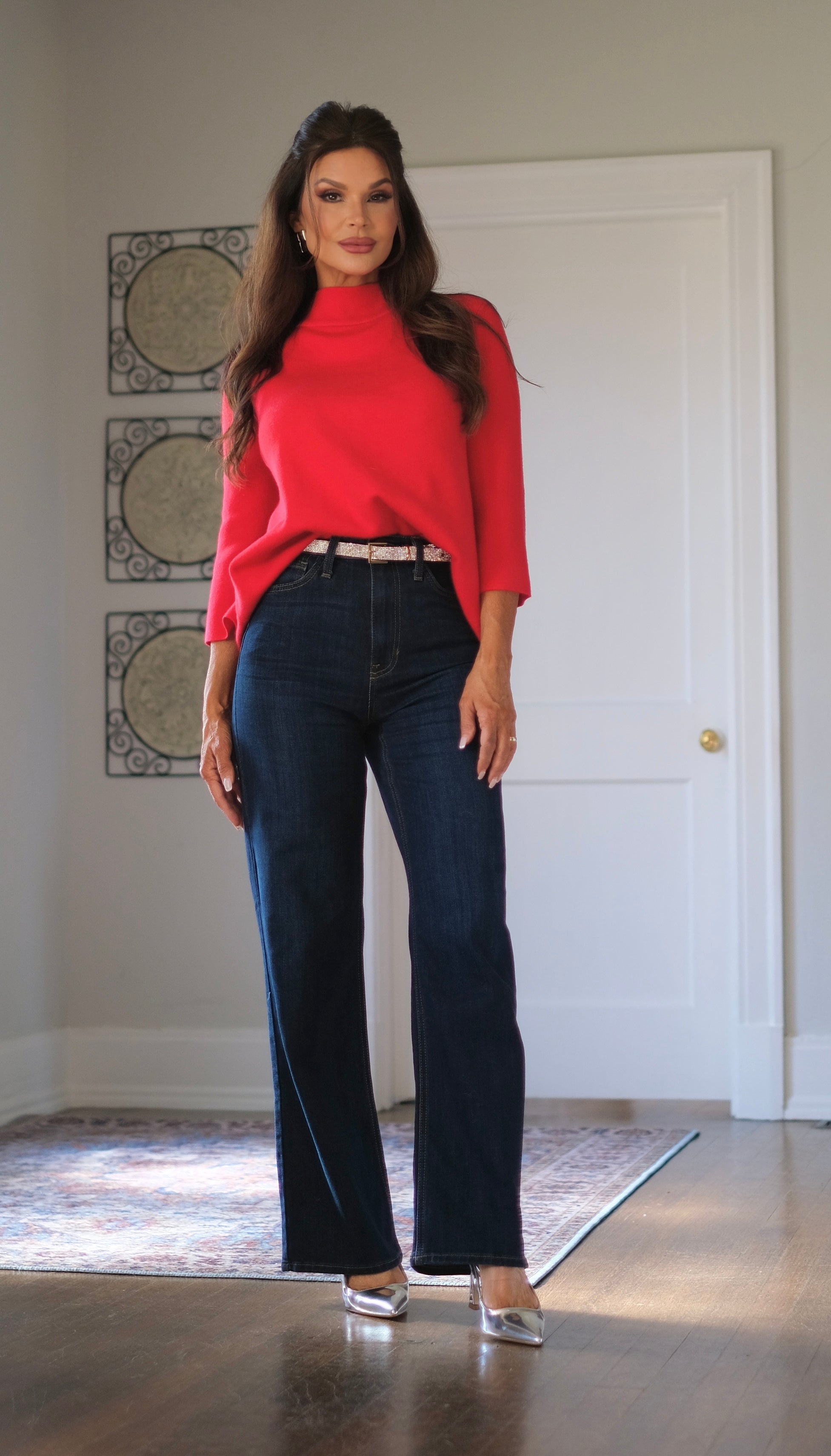 Freyna red mock neck pul over sweater with bell sleeve