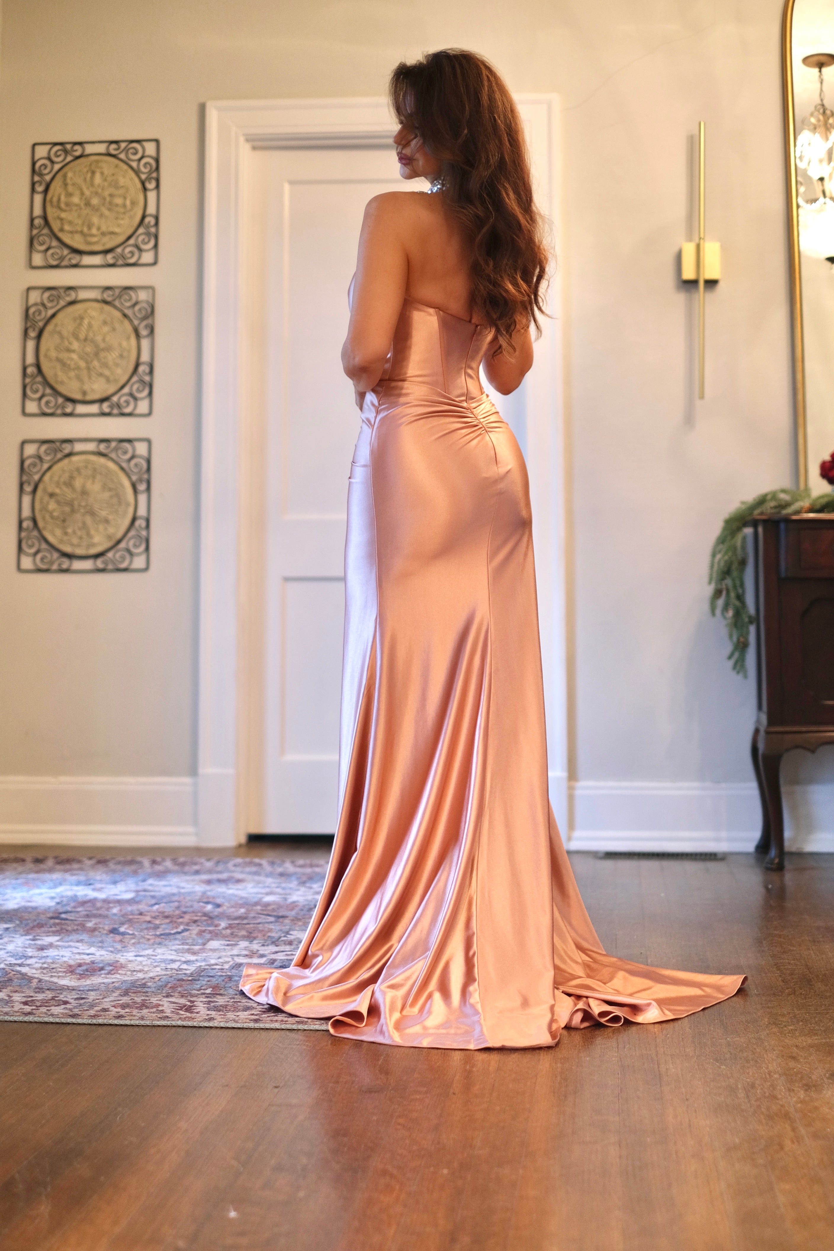 Sasha Copper Strapless Satin Formal With Ruched And Sash Detail