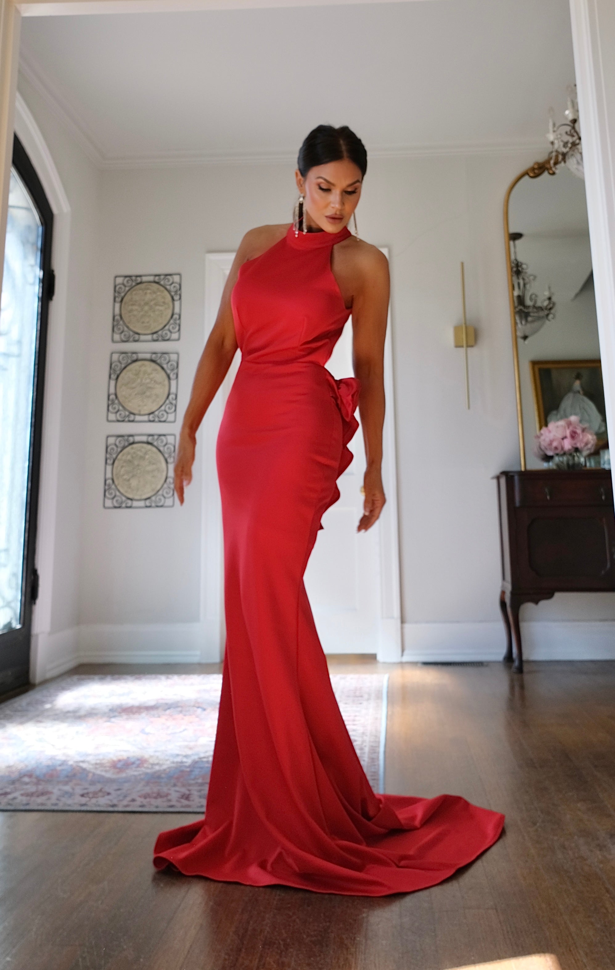 Coco red backless halter mermaid formal dress